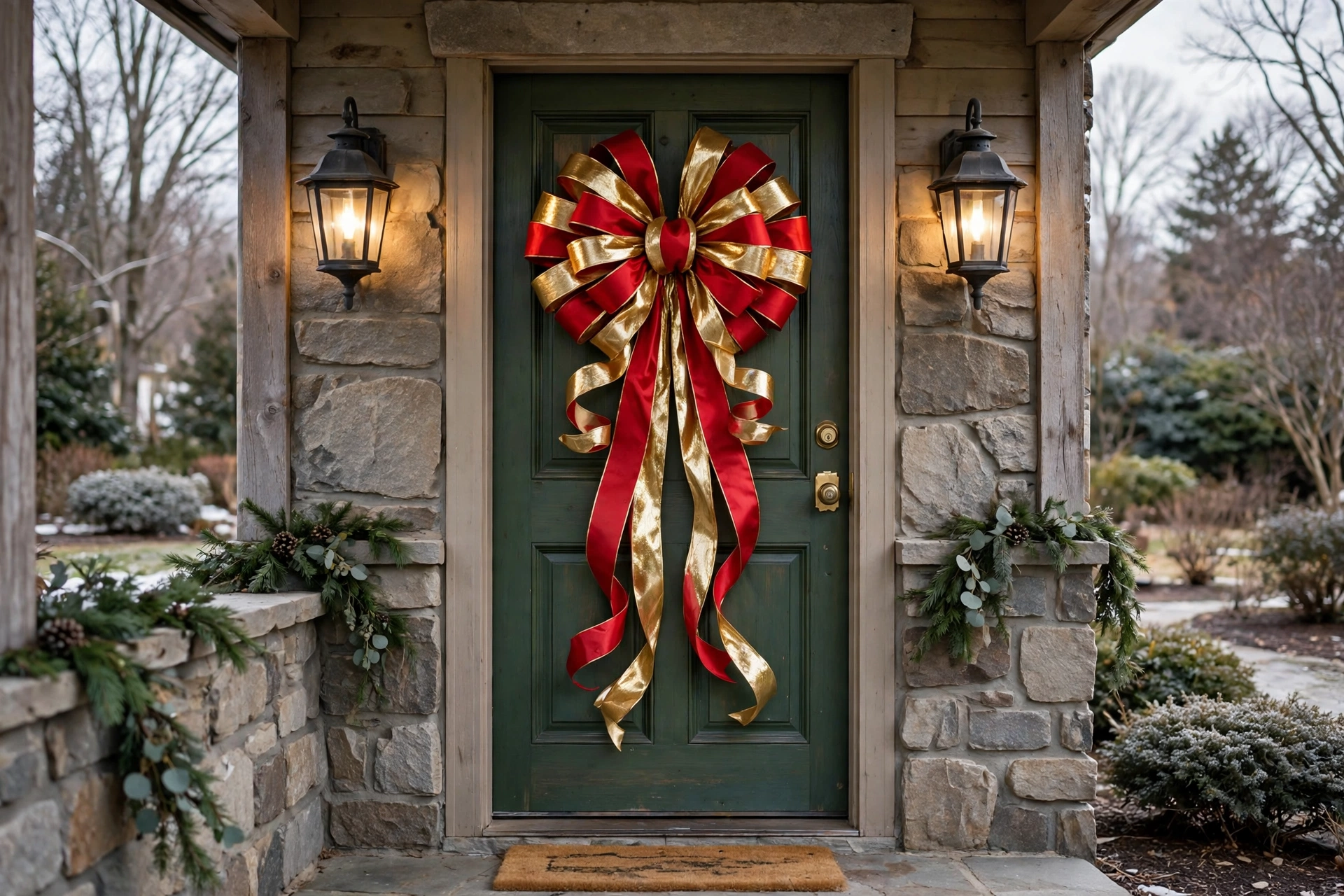 Oversized Christmas bow on a front door