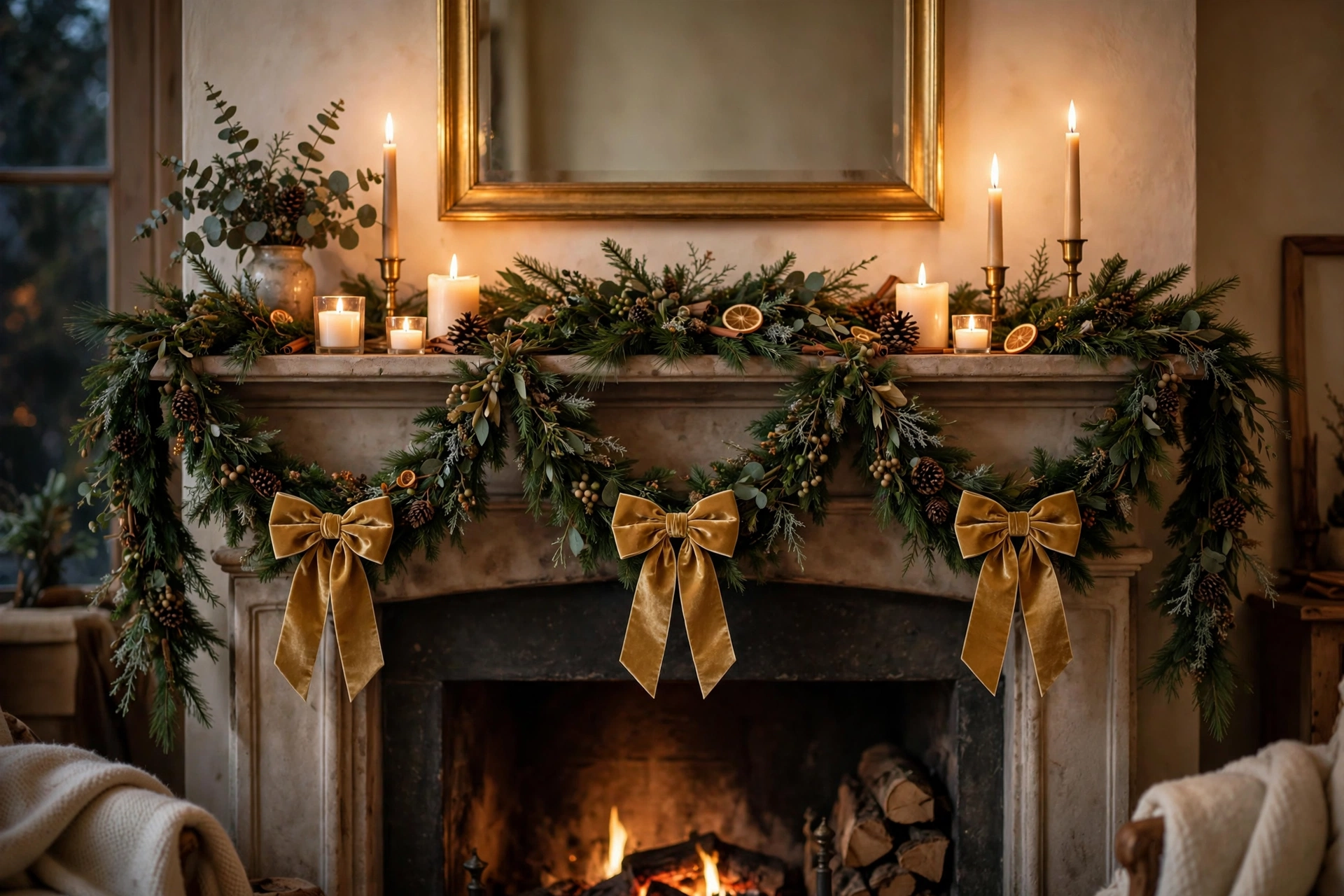 Garland swags with gold bows on a Christmas mantel