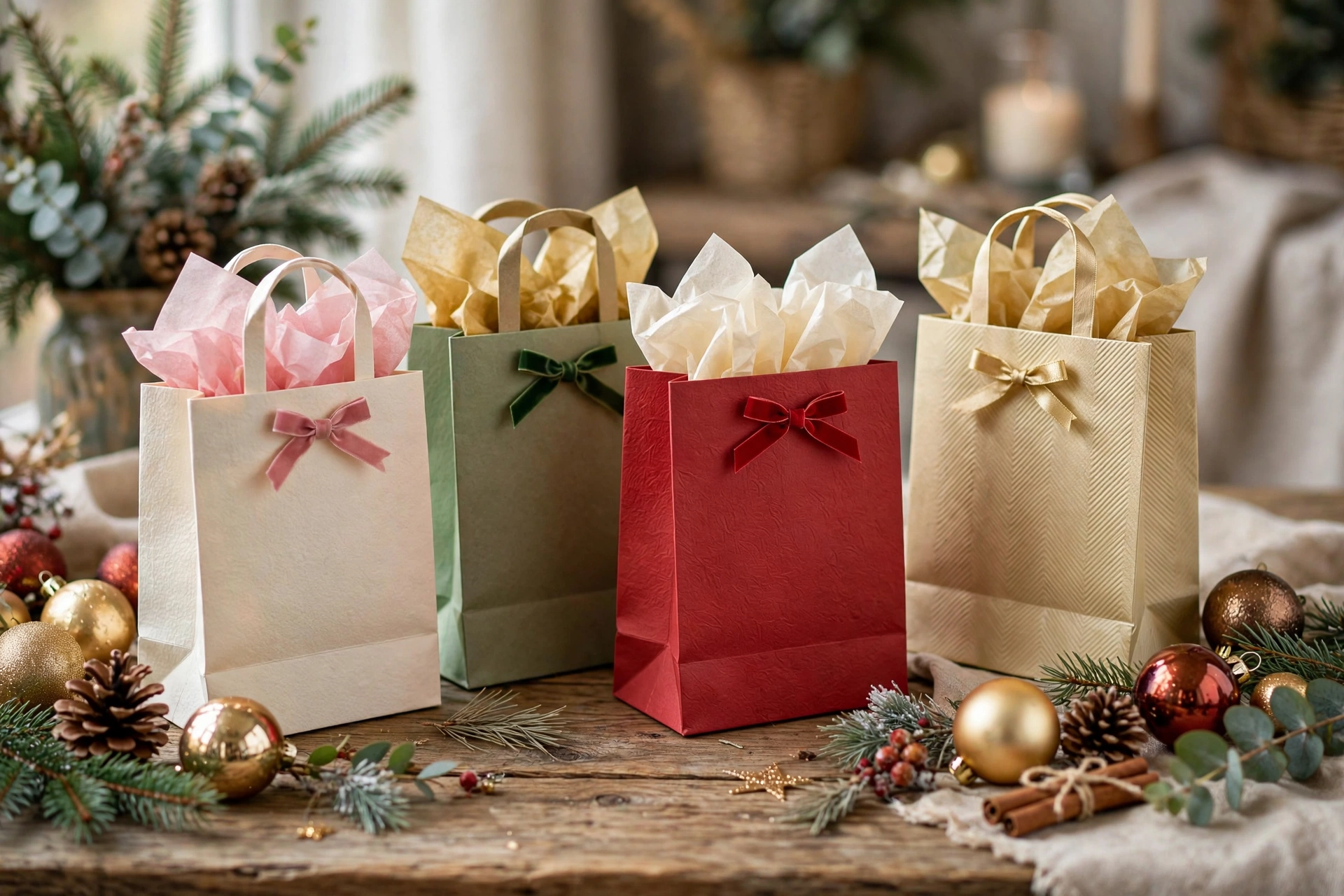 Christmas gift bags with bows tied on the handles