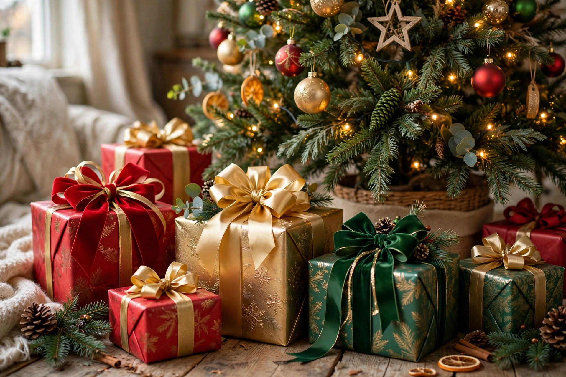 Wrapped Christmas gifts topped with large ribbon bows