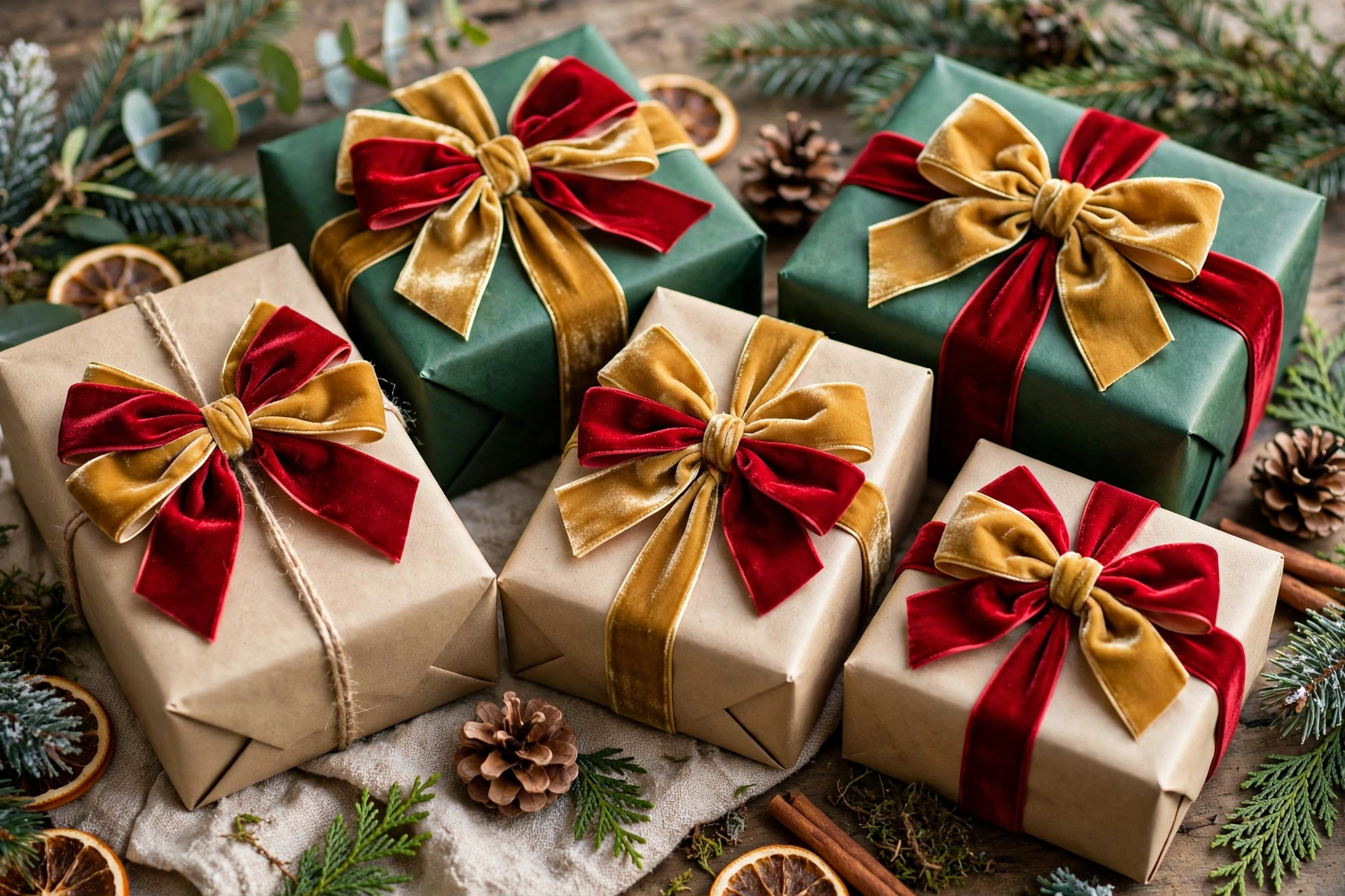 Christmas gifts topped with layered velvet bows