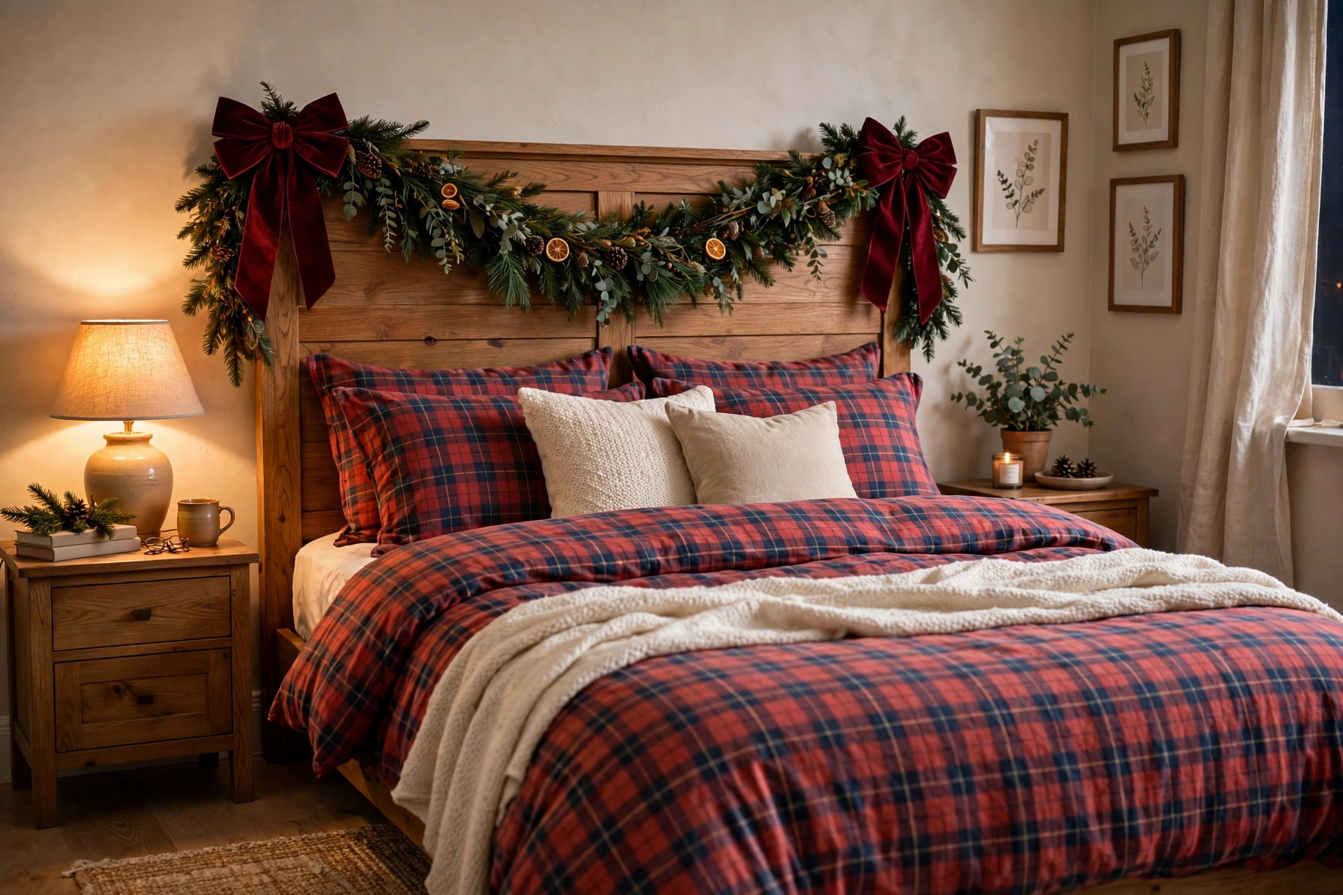 Bedroom headboard decorated with garland and Christmas bows