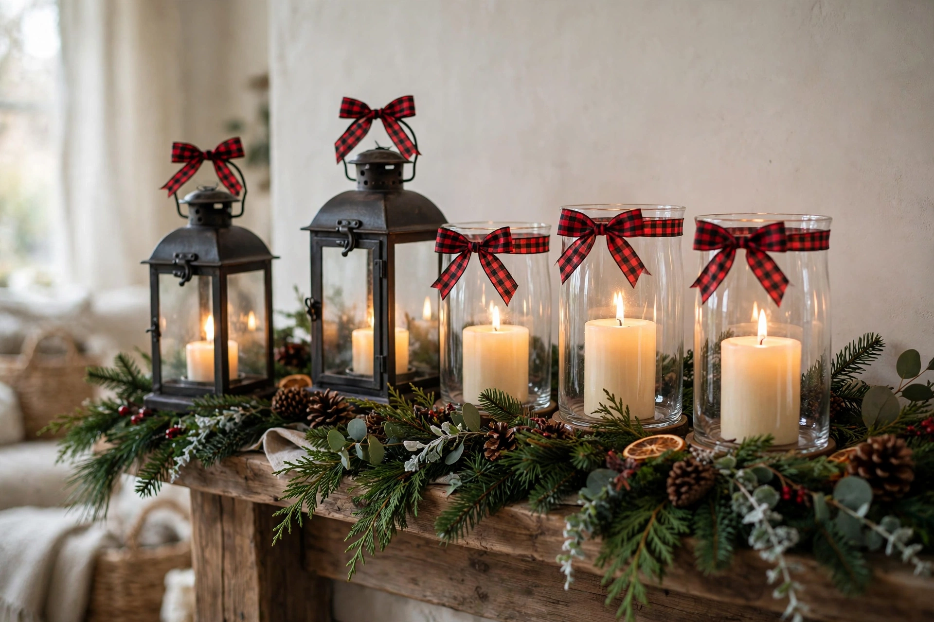Christmas lanterns and hurricanes with candles and ribbon bows