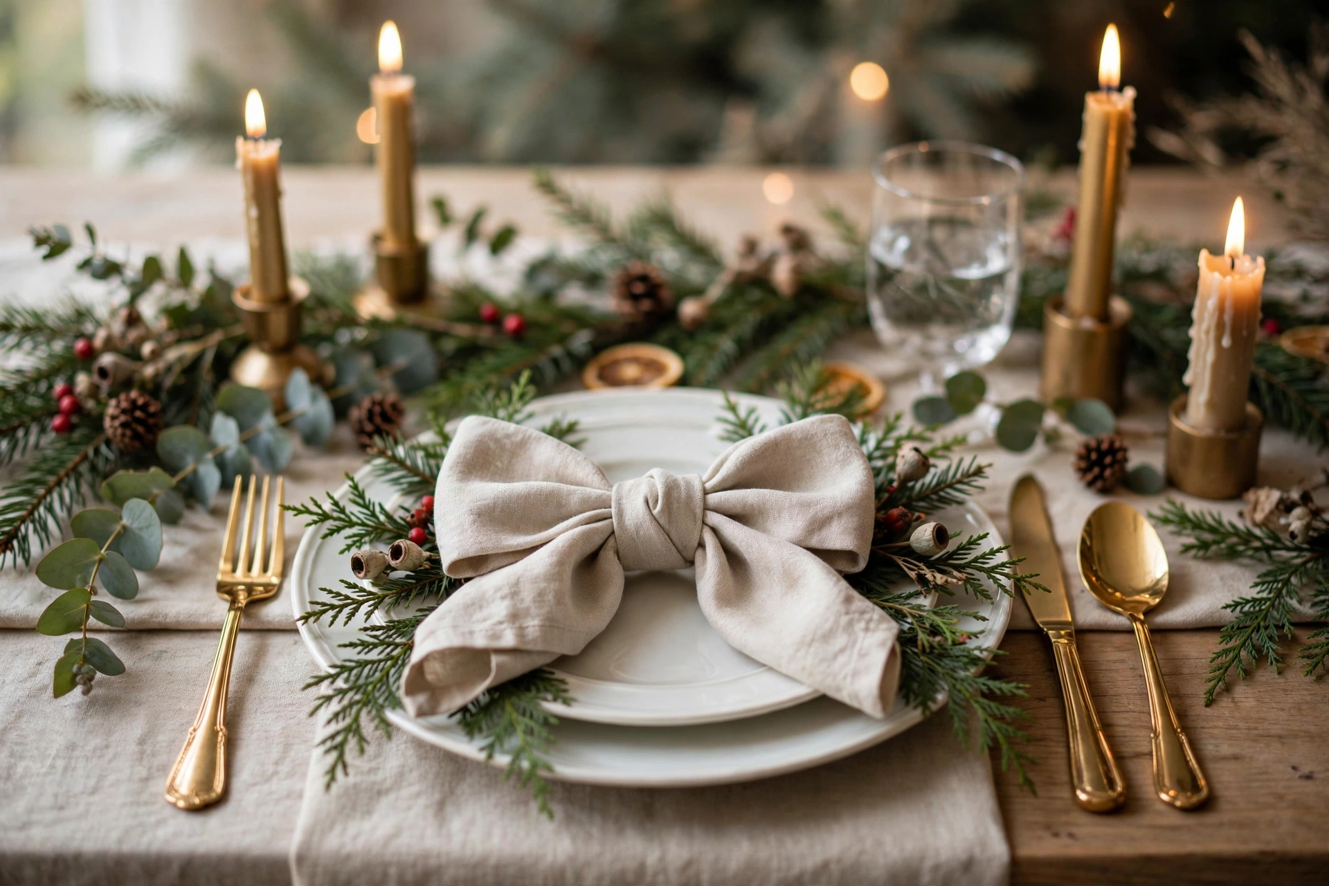 Napkin tied into a bow at a Christmas table setting