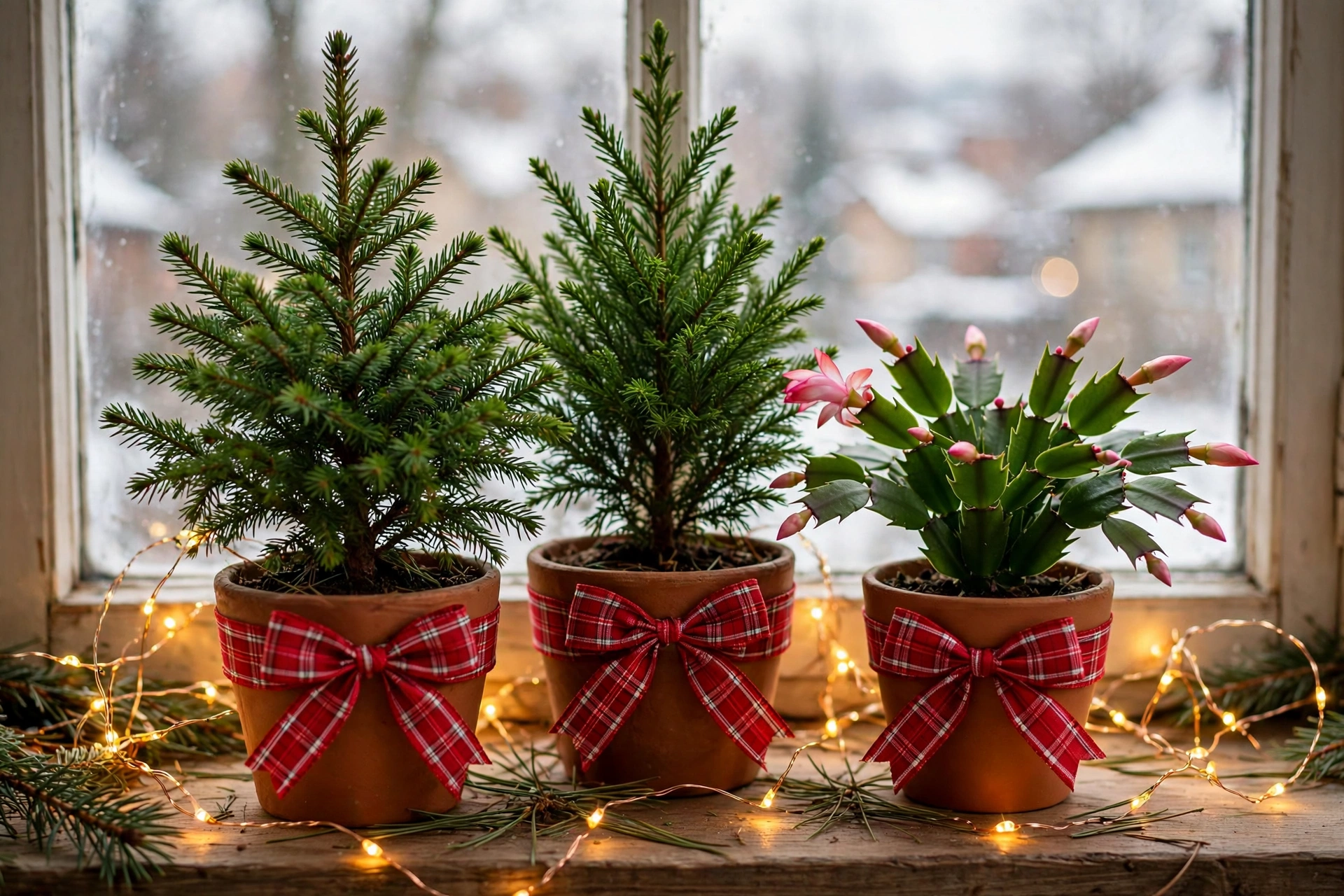 Potted plants with Christmas bows tied around the pots