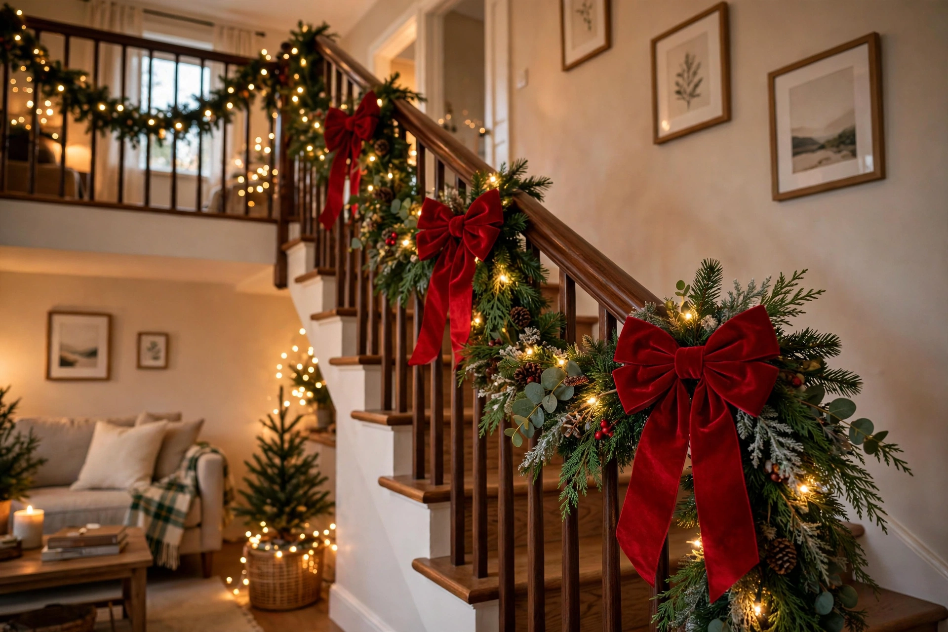 Staircase banister garland with large red Christmas bows