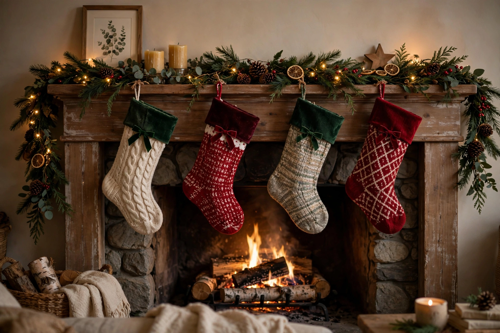 Christmas stockings with bows on the cuffs hanging from a mantel