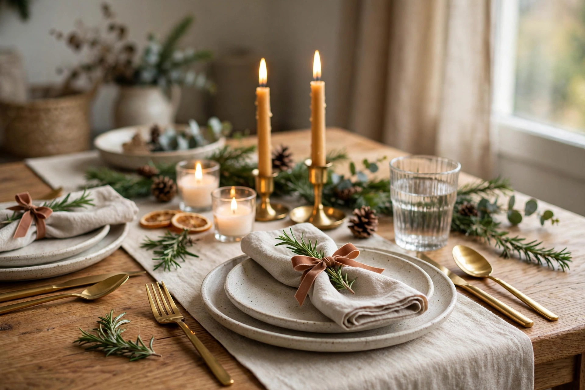 Christmas table setting with napkin bows and rosemary sprigs