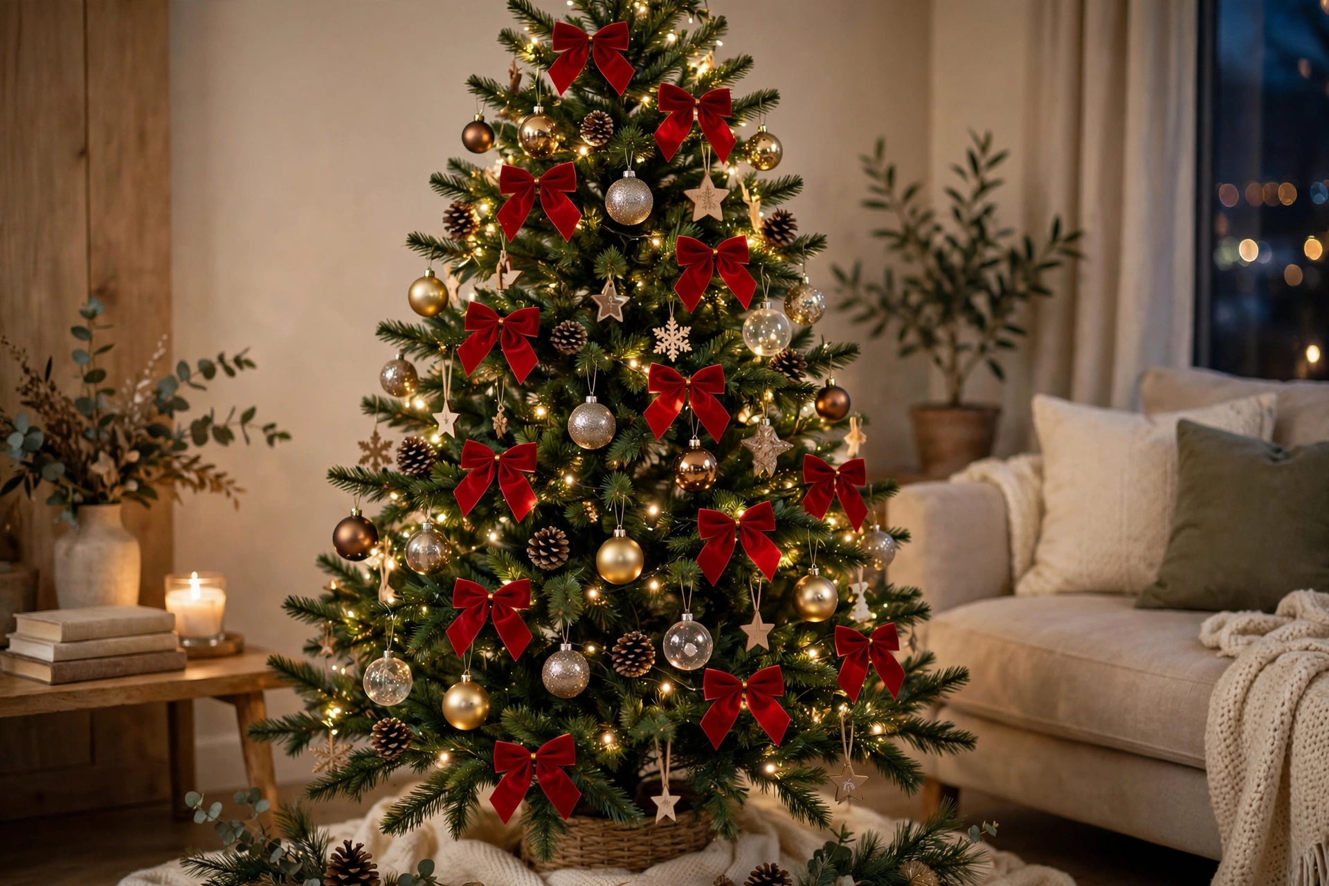 Christmas tree with small velvet bow garland spiraled around it