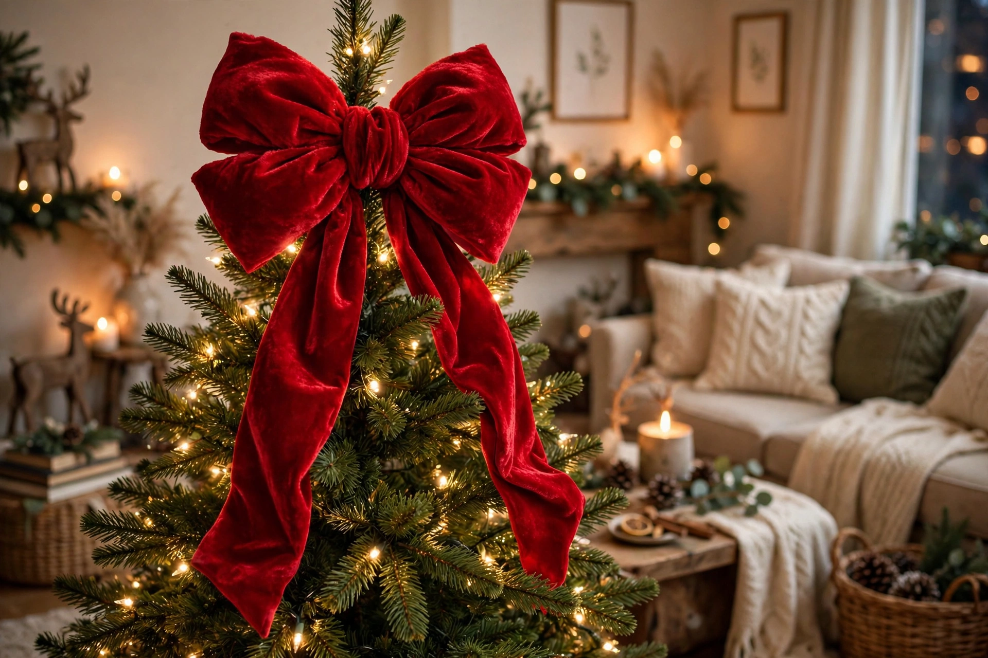 Large red velvet bow as a Christmas tree topper
