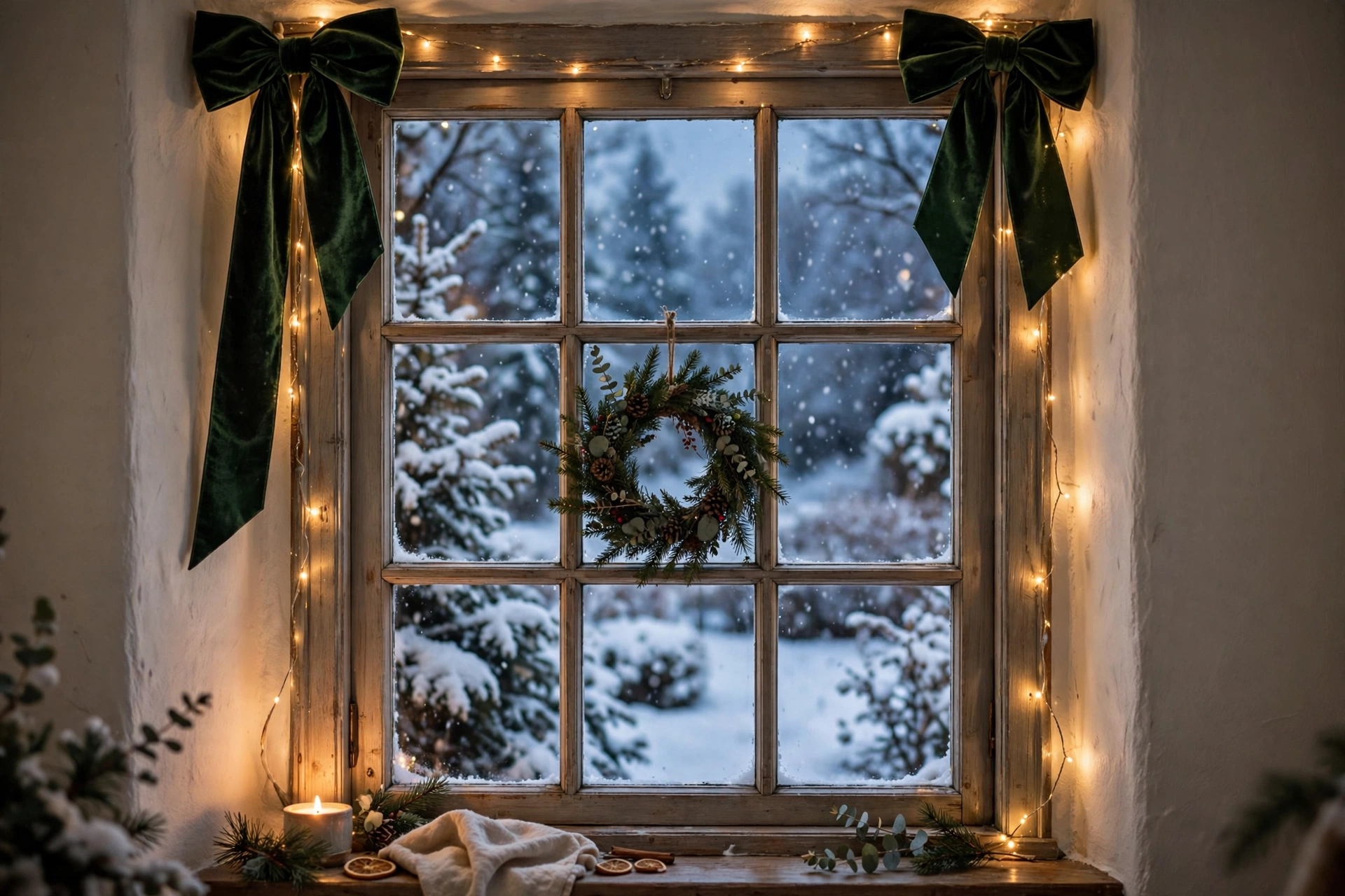 Christmas window decorated with velvet bows and a wreath