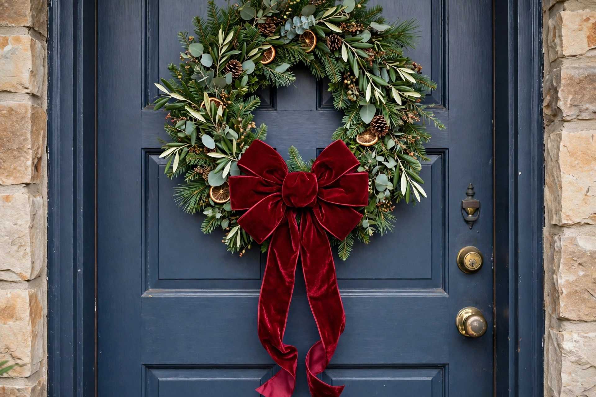 Christmas wreath with large red velvet statement bow