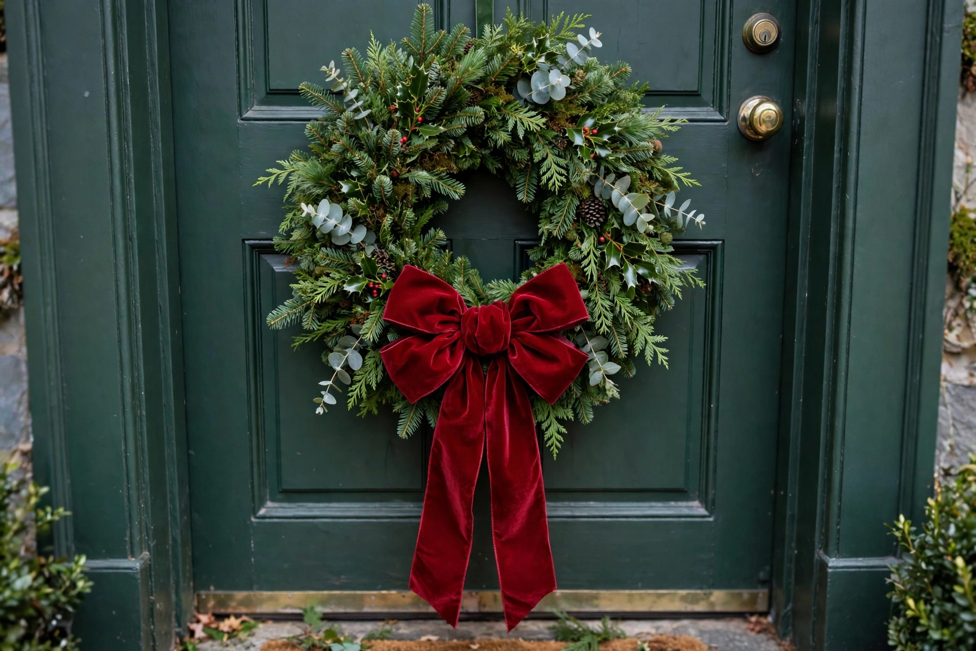 Christmas wreath with a large red velvet statement bow on a front door