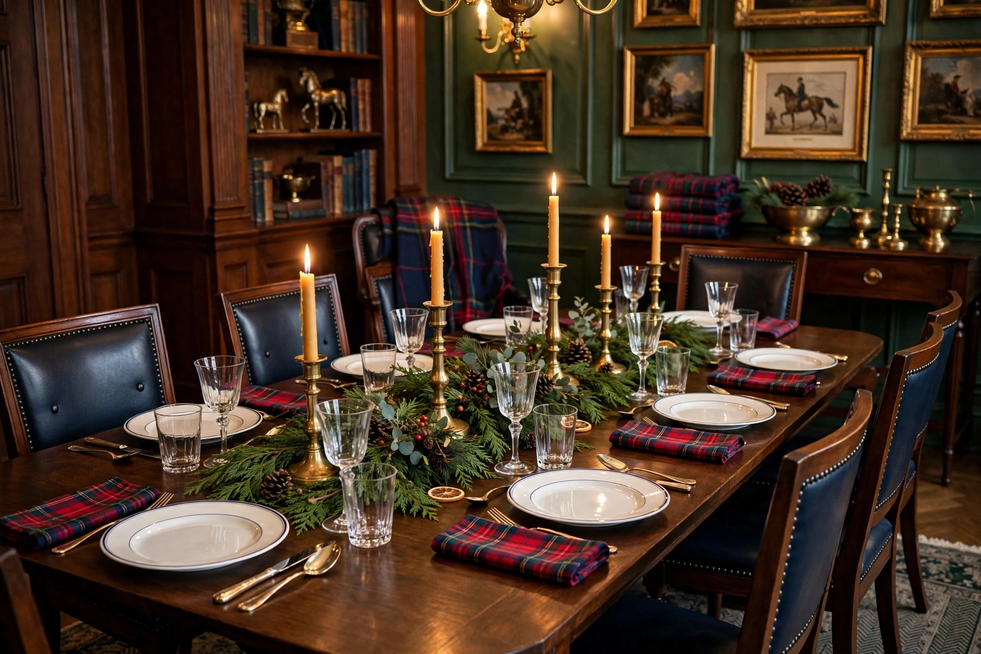 Classic Christmas dining table with tartan napkins and brass candlesticks