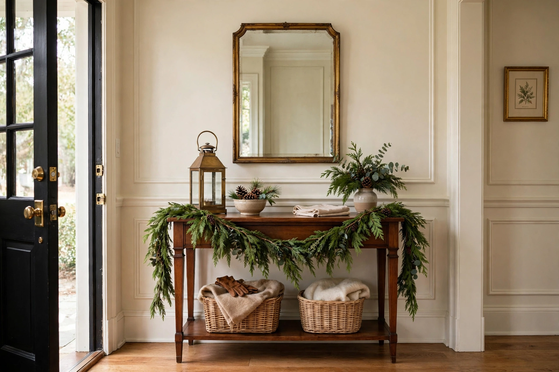 Classic Christmas entryway with cedar garland and boxwood wreaths
