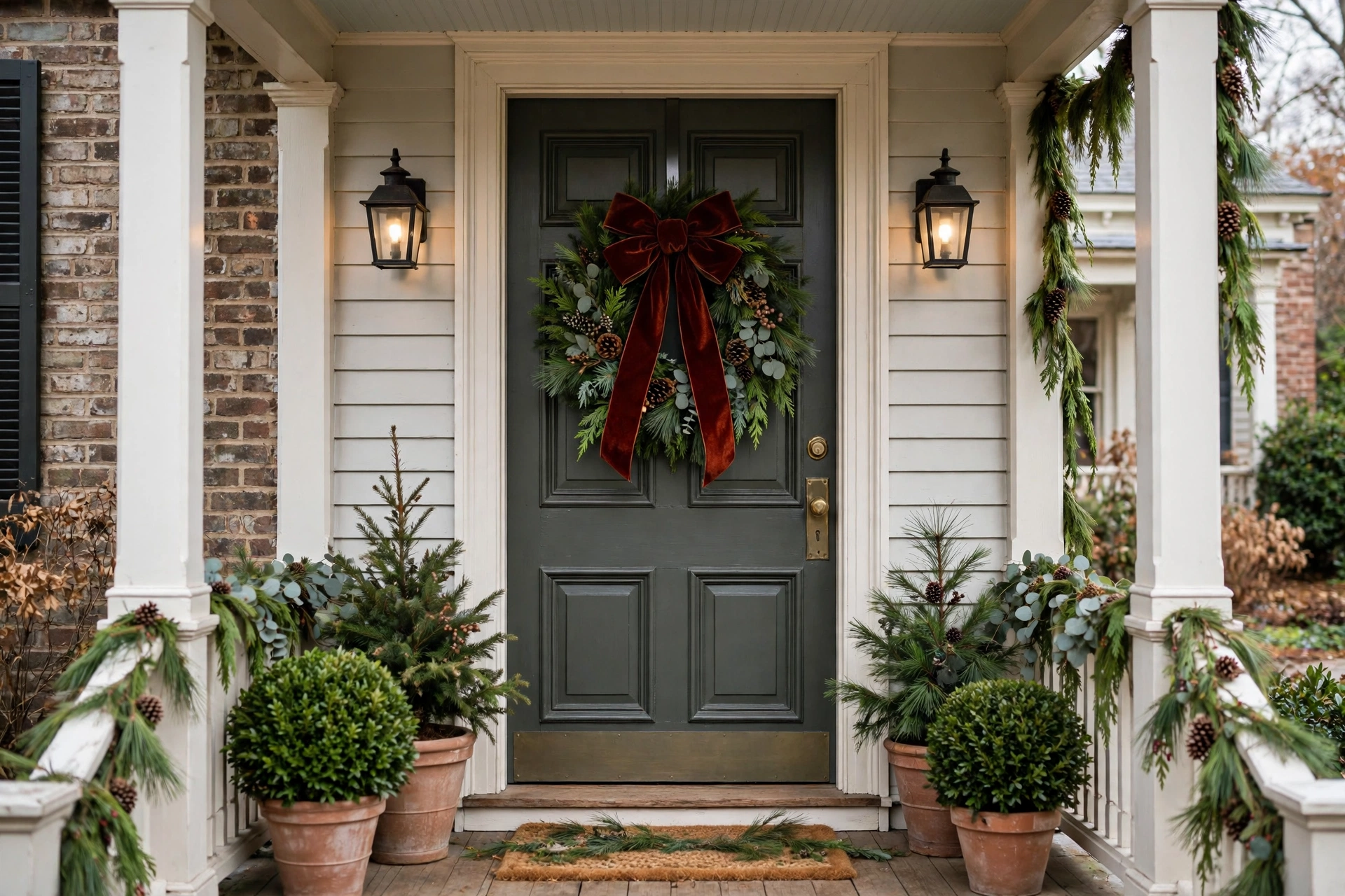 Classic heritage Christmas front porch with wreath and lantern