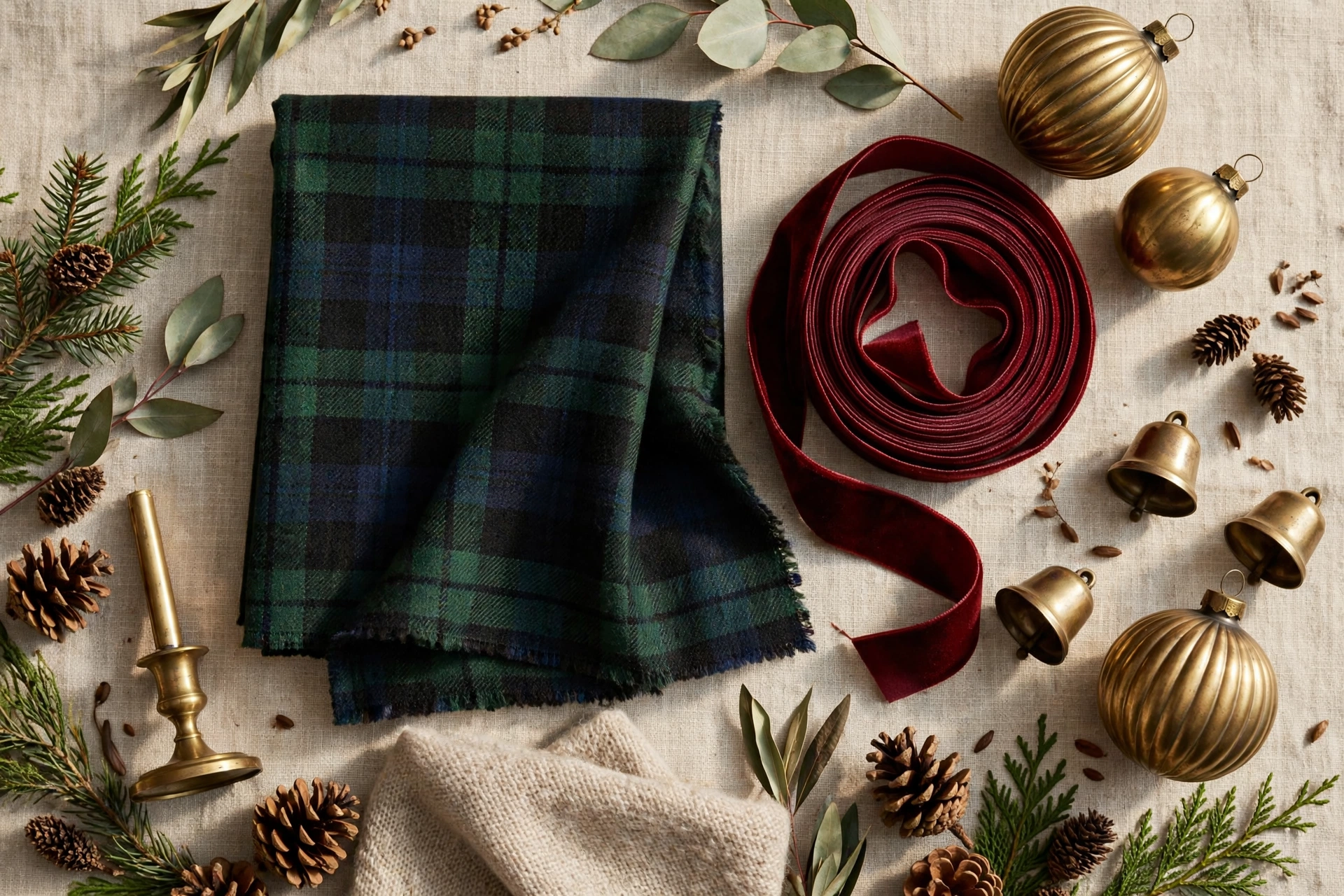 Ralph Lauren style Christmas heritage color palette with tartan and velvet