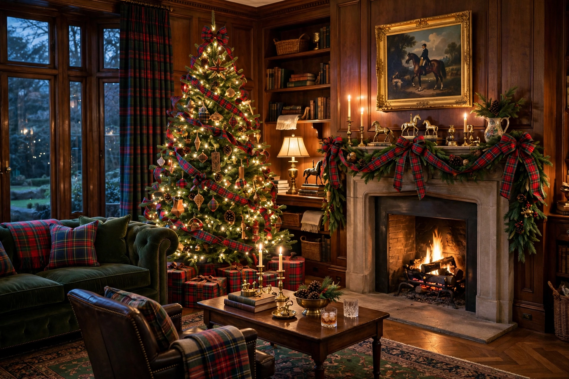 Complete Ralph Lauren style classic Christmas living room at night