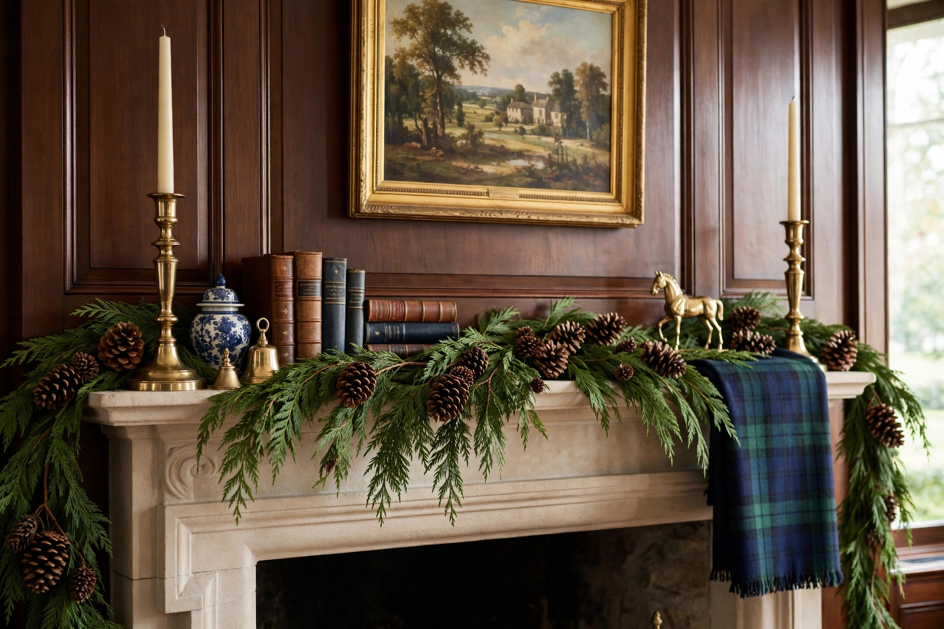 Classic Christmas mantel with brass candlesticks and pheasant feathers