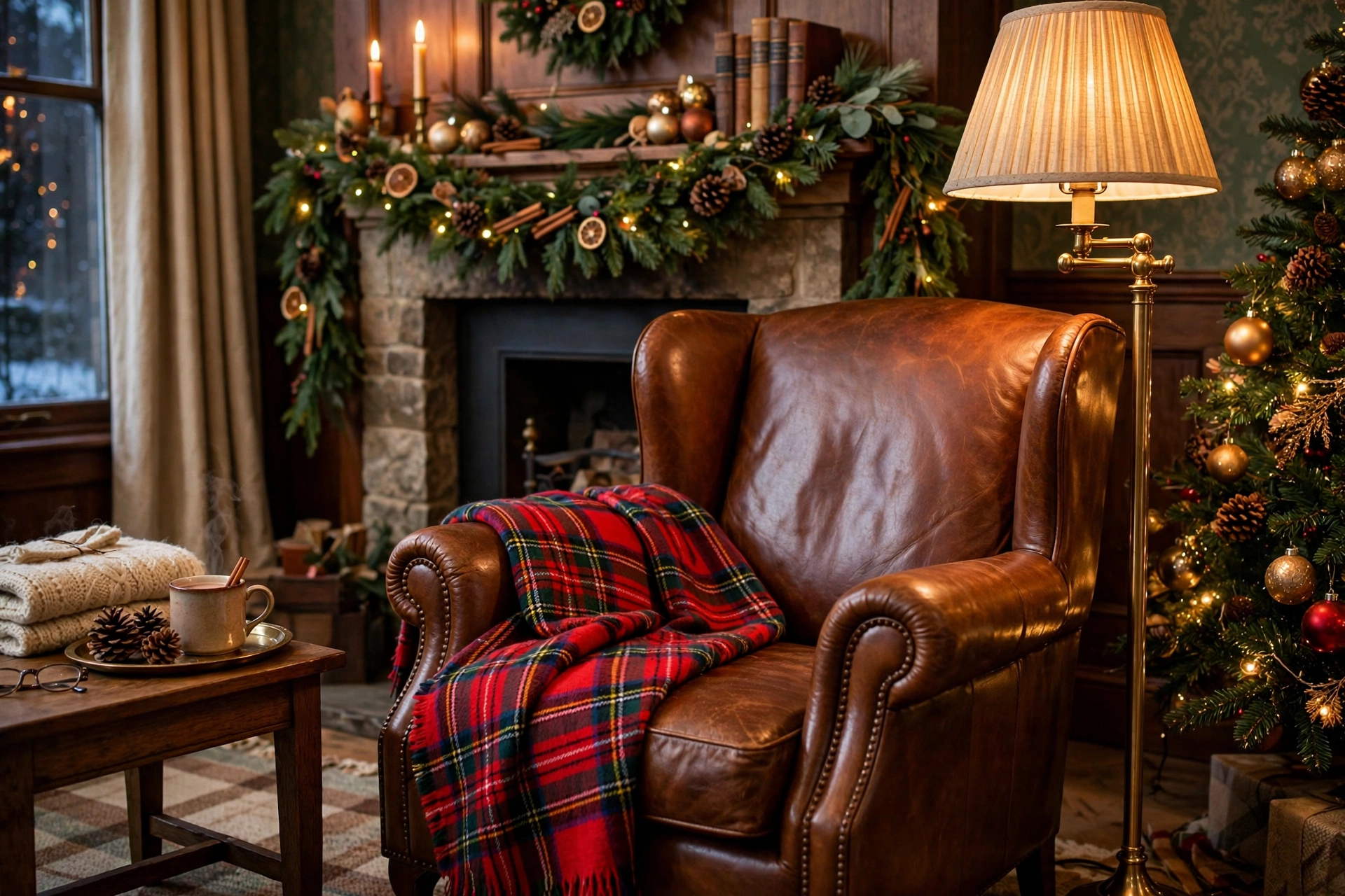 Classic Christmas reading corner with tartan throw and leather chair