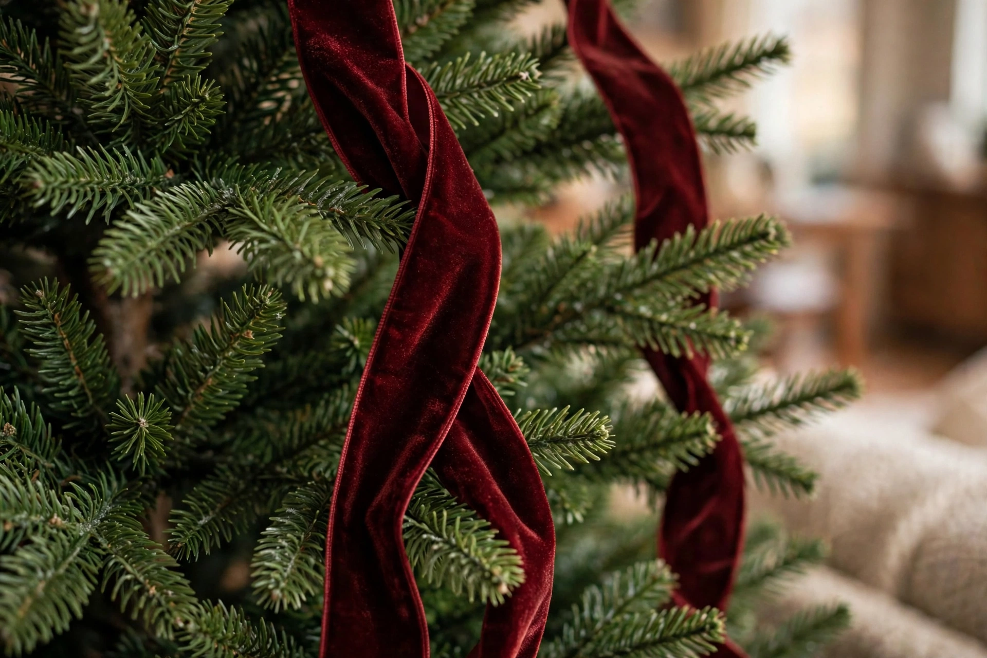 Christmas tree with oxblood velvet ribbon and heirloom ornaments