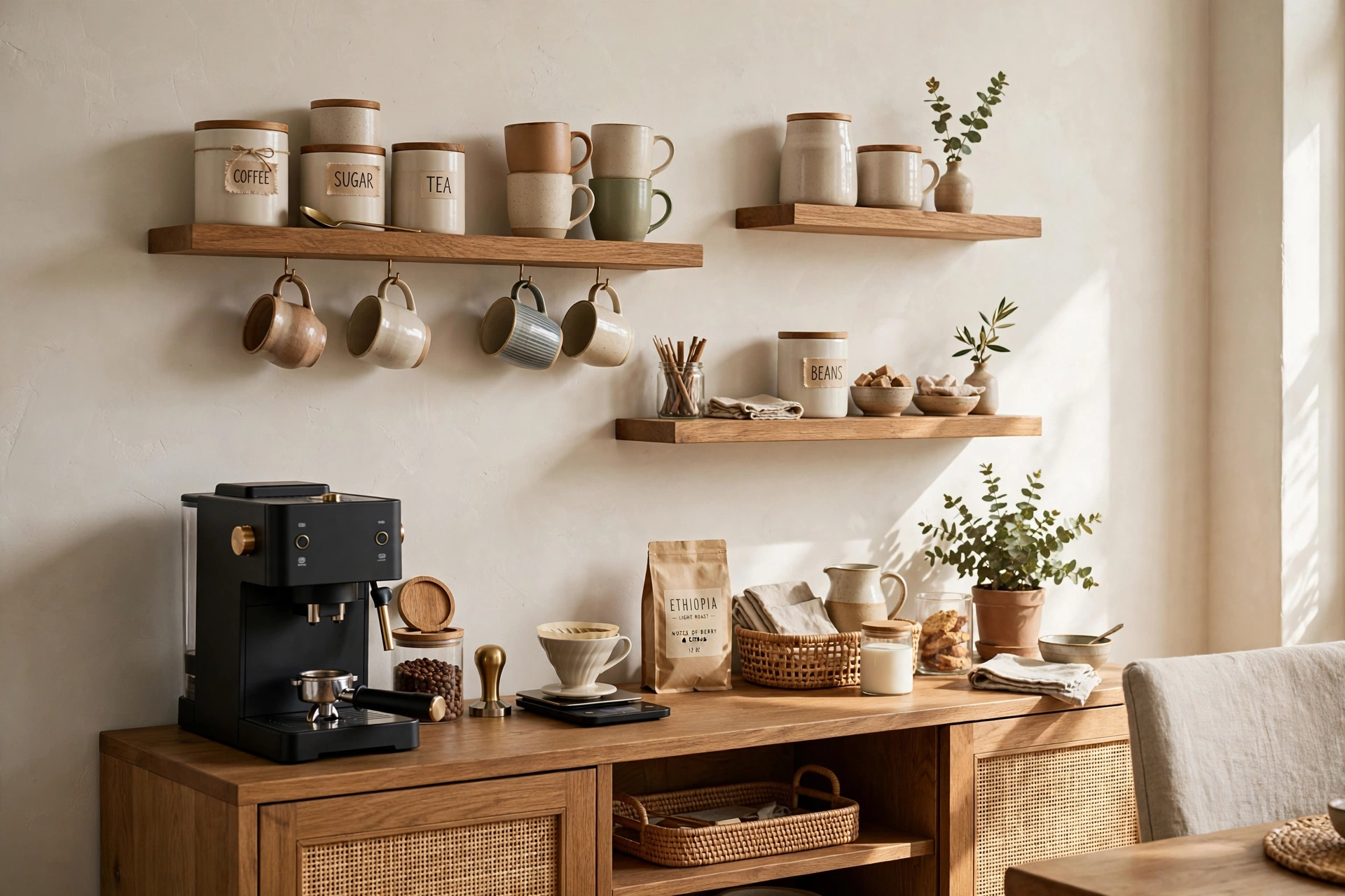 Coffee bar station on console table with floating shelves