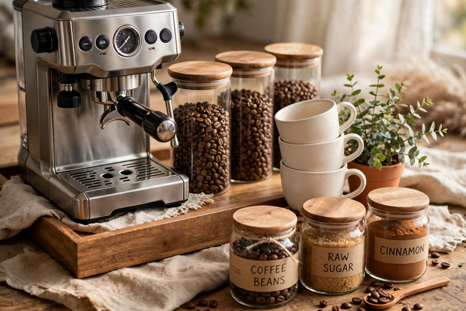 Coffee bar styling formula with tray machine and canisters