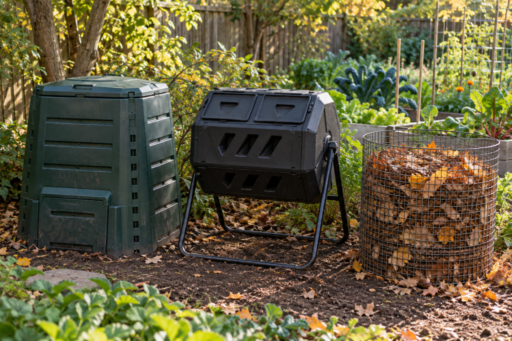 Enclosed plastic compost bin, compost tumbler, and wire leaf bin in a backyard garden corner