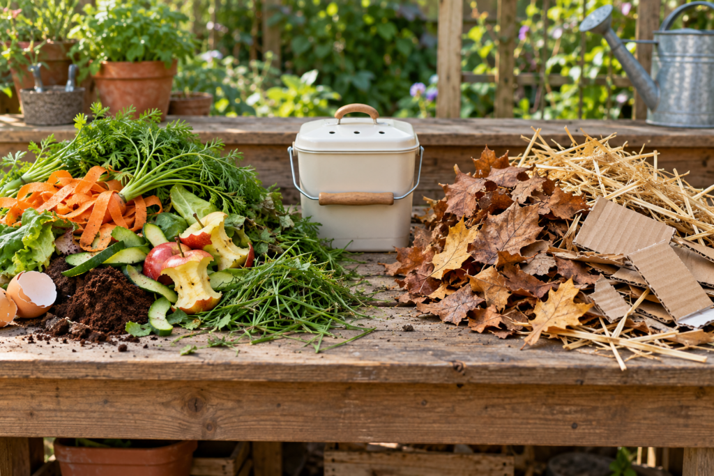 Green compost materials like vegetable scraps and coffee grounds beside brown materials like dry leaves, straw, and cardboard