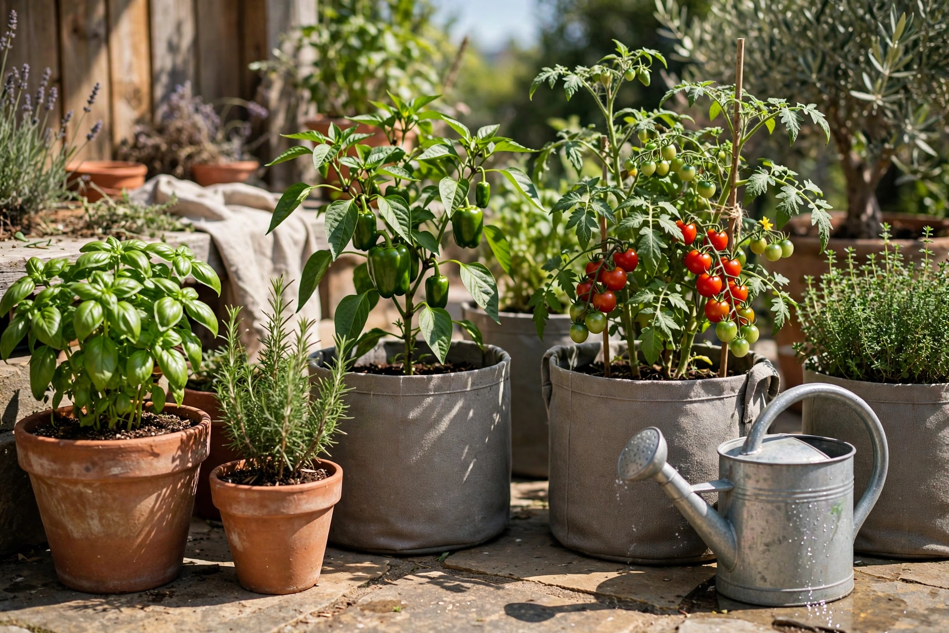 Container garden with herbs and peppers in pots on a sunny patio