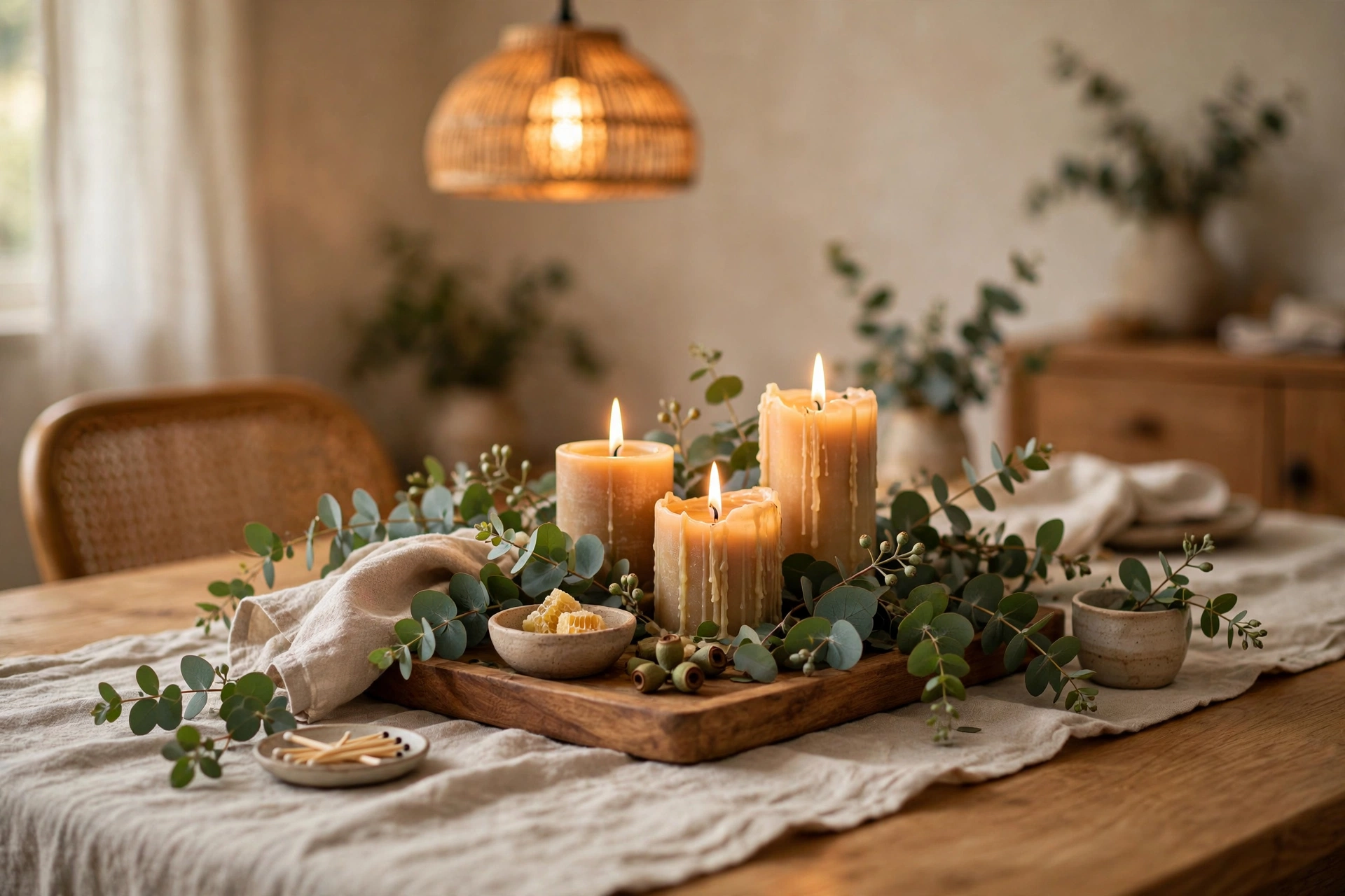 Cozy everyday dining room table vignette with candles