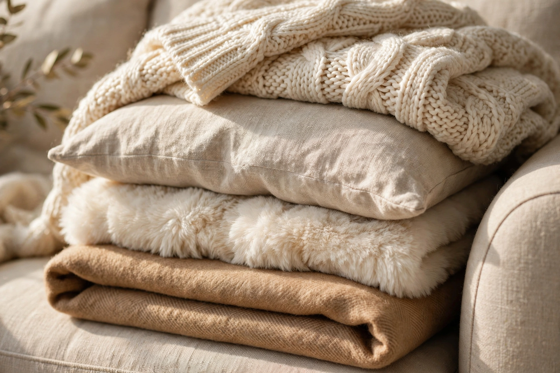 Layered cozy neutral winter textiles in cream and camel