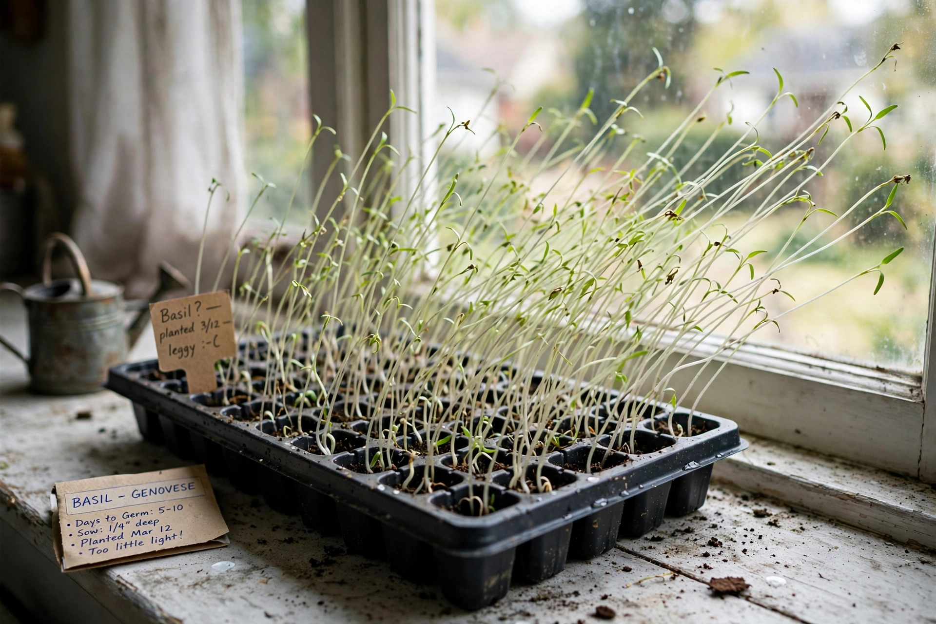 Crowded leggy seedlings in a tray on a windowsill