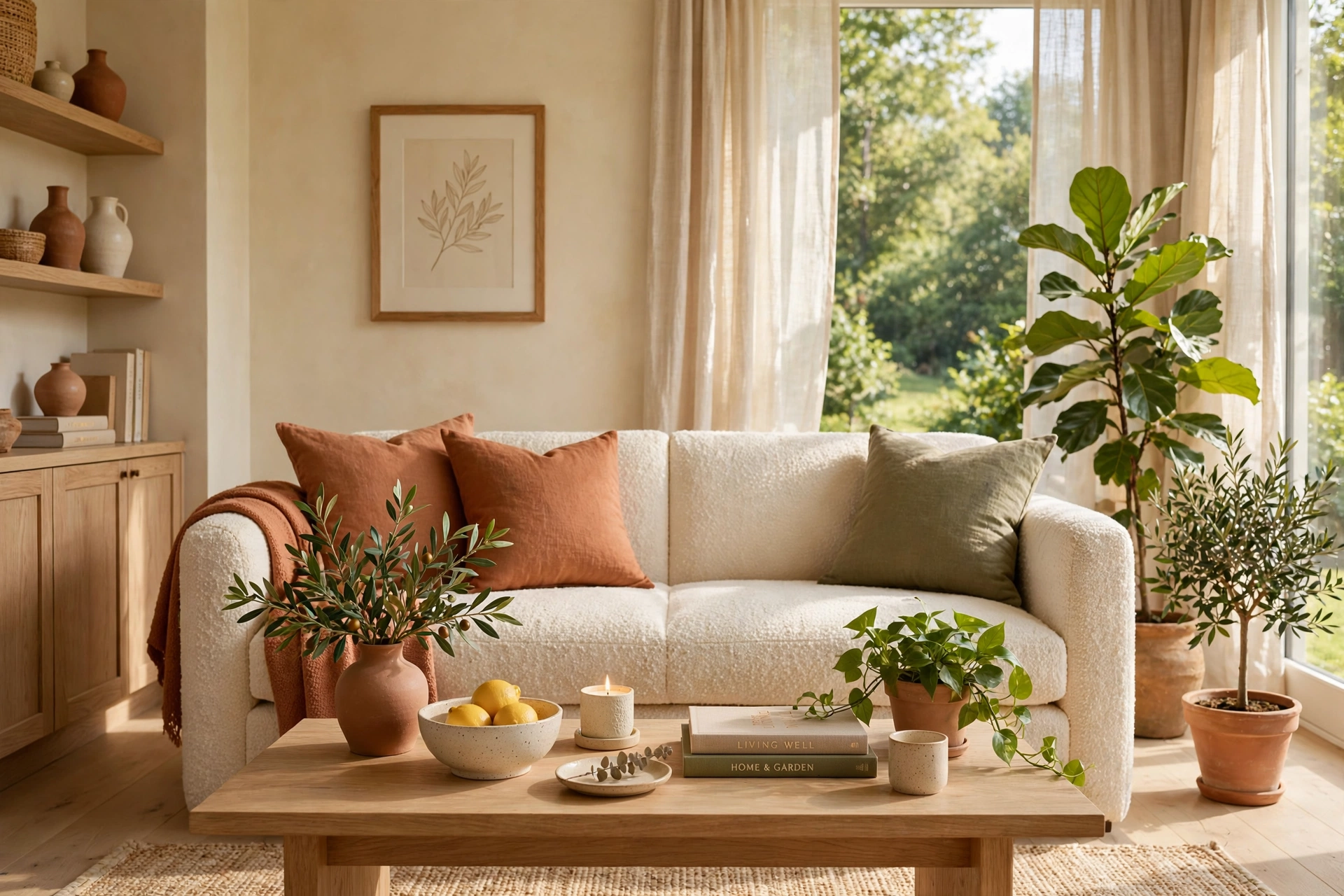 Bright cozy living room with leafy plants in warm natural light