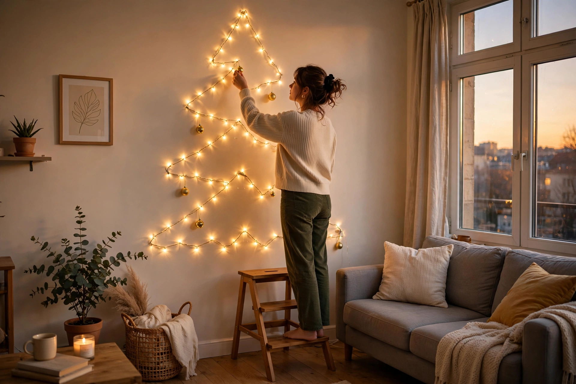 Hanging ornaments on a wall-mounted string-light Christmas tree in a small apartment
