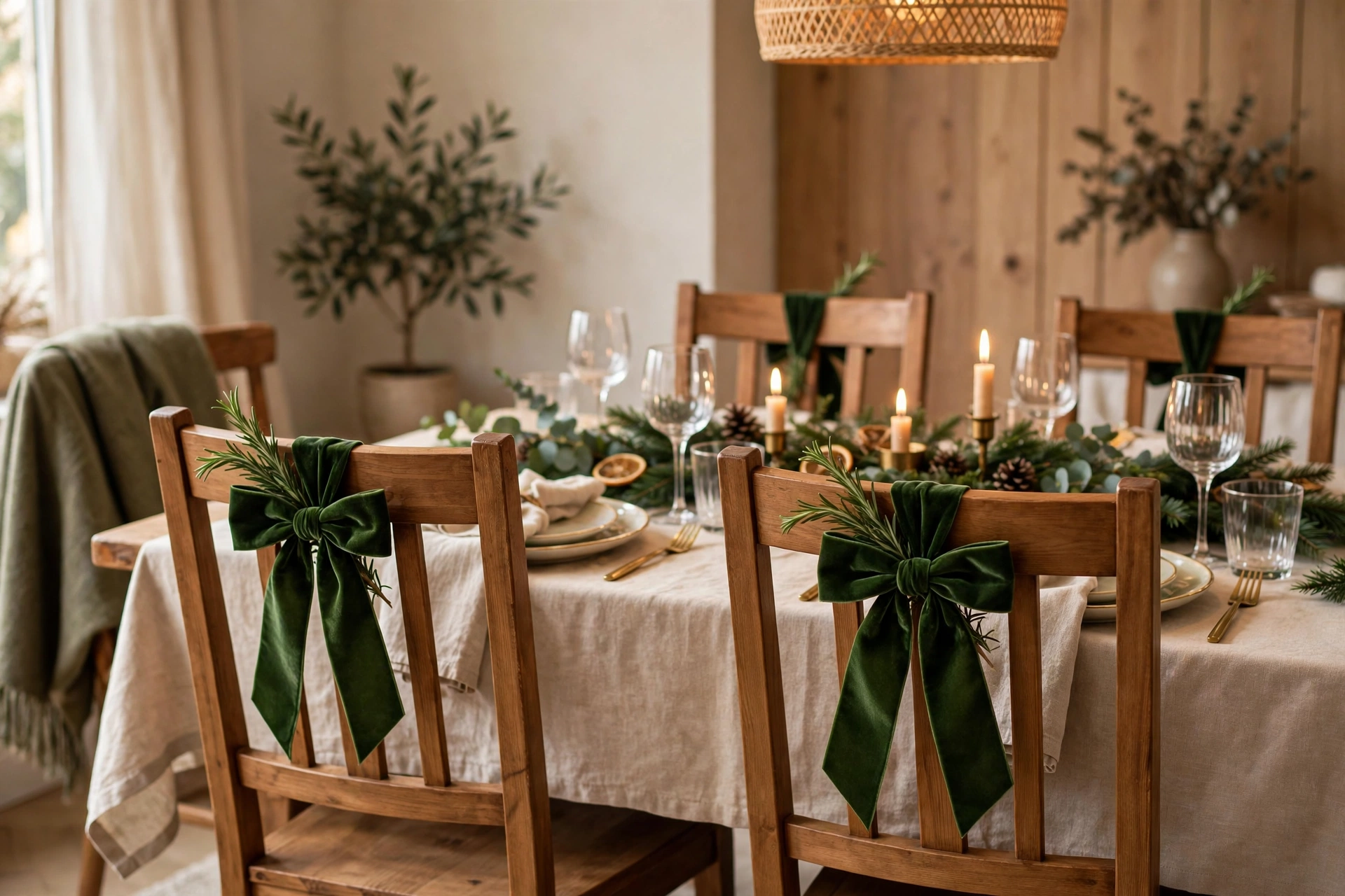 Dining chairs decorated with velvet Christmas bows and greenery