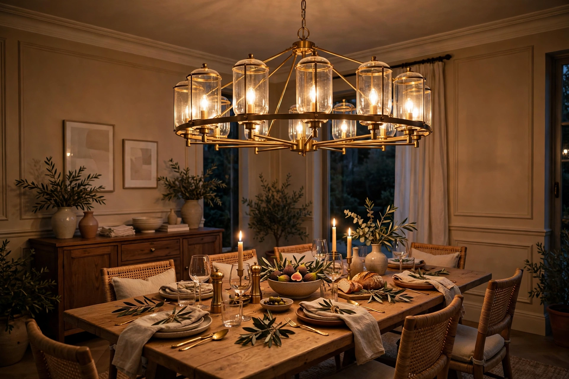 Brass chandelier over dining table with warm dimmed lighting