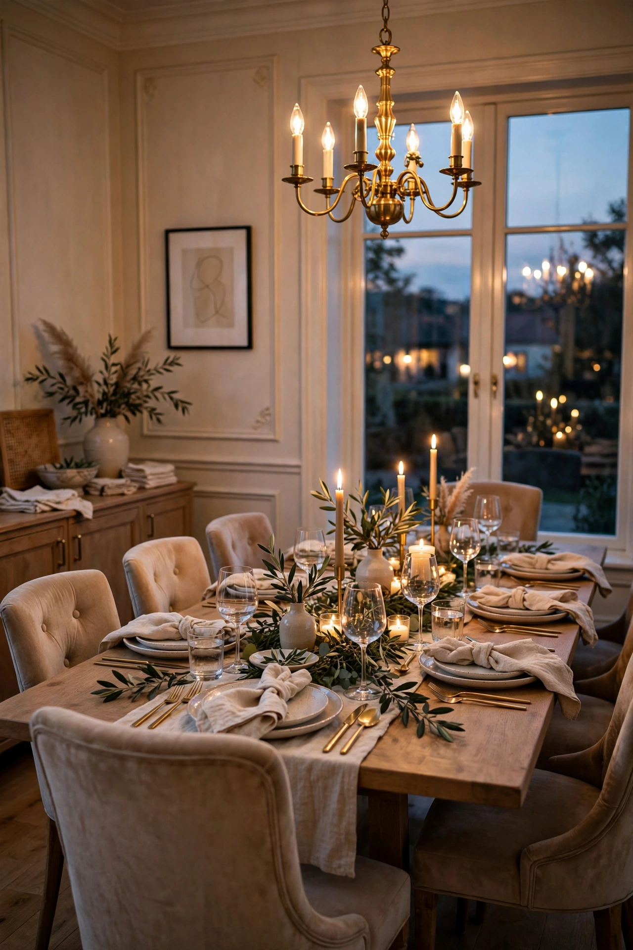 Elegant dining room decorated for a dinner party with chandelier