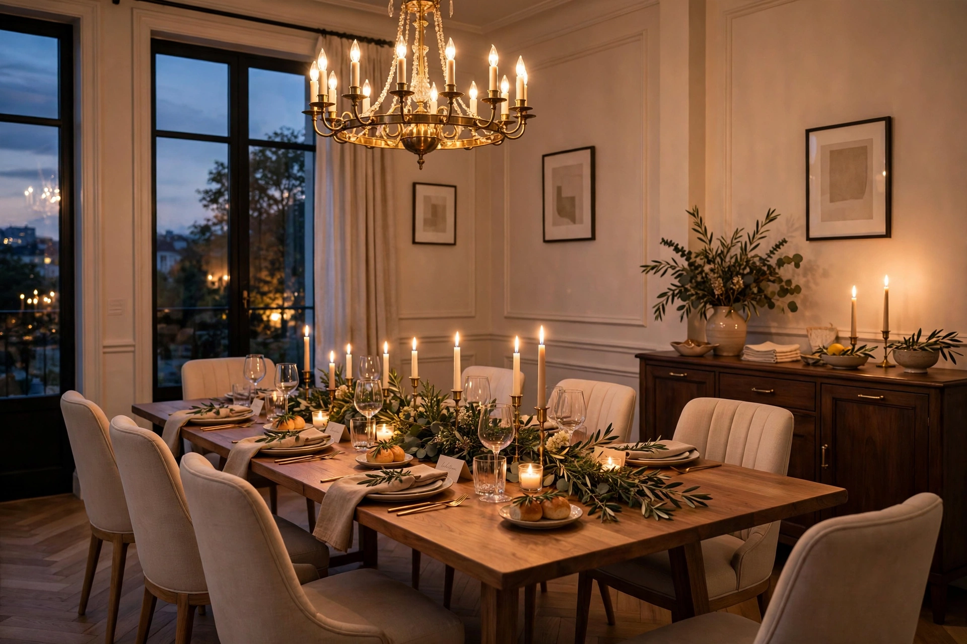Elegant dining room decorated for a dinner party with chandelier