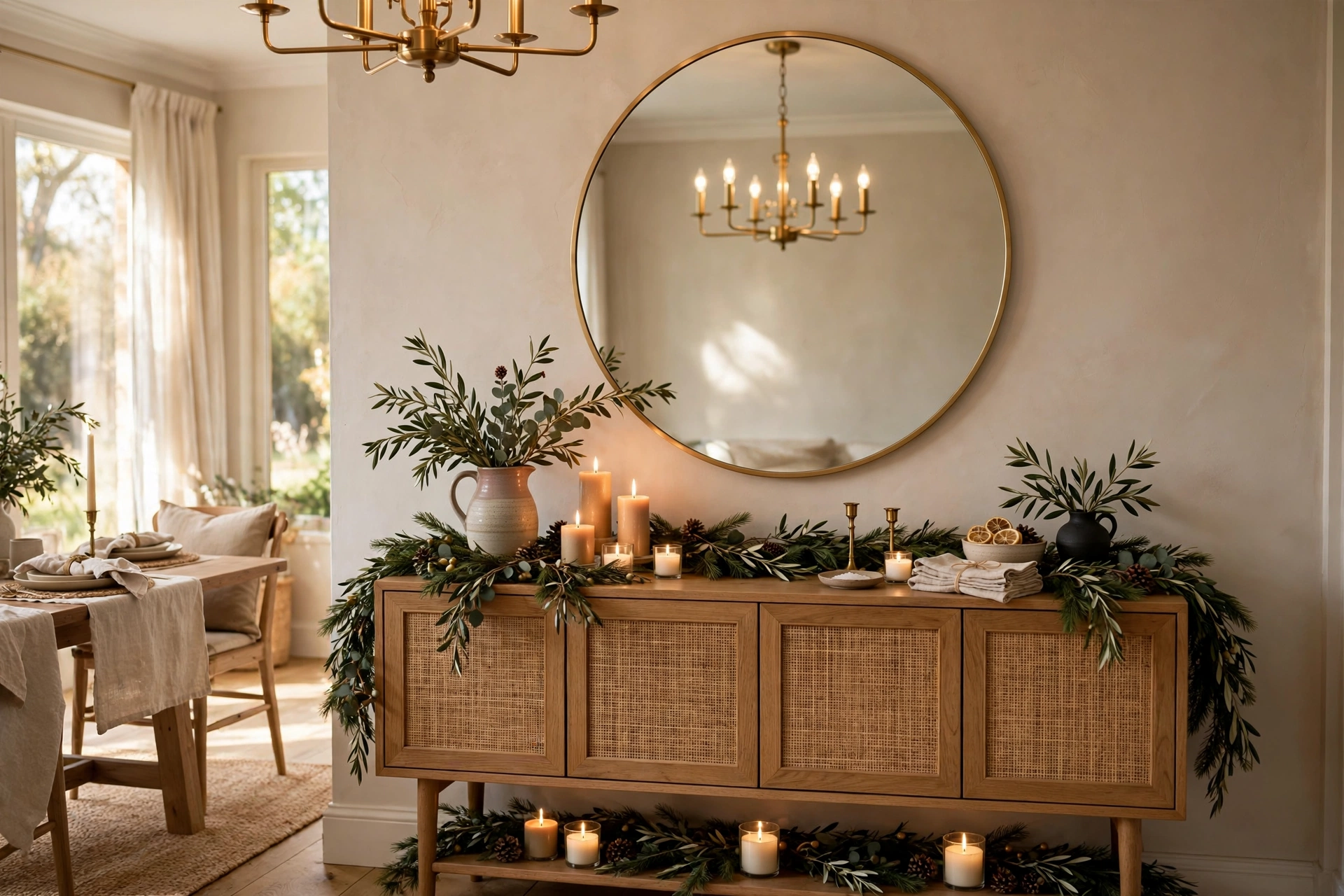 Dining room mirror above sideboard reflecting chandelier