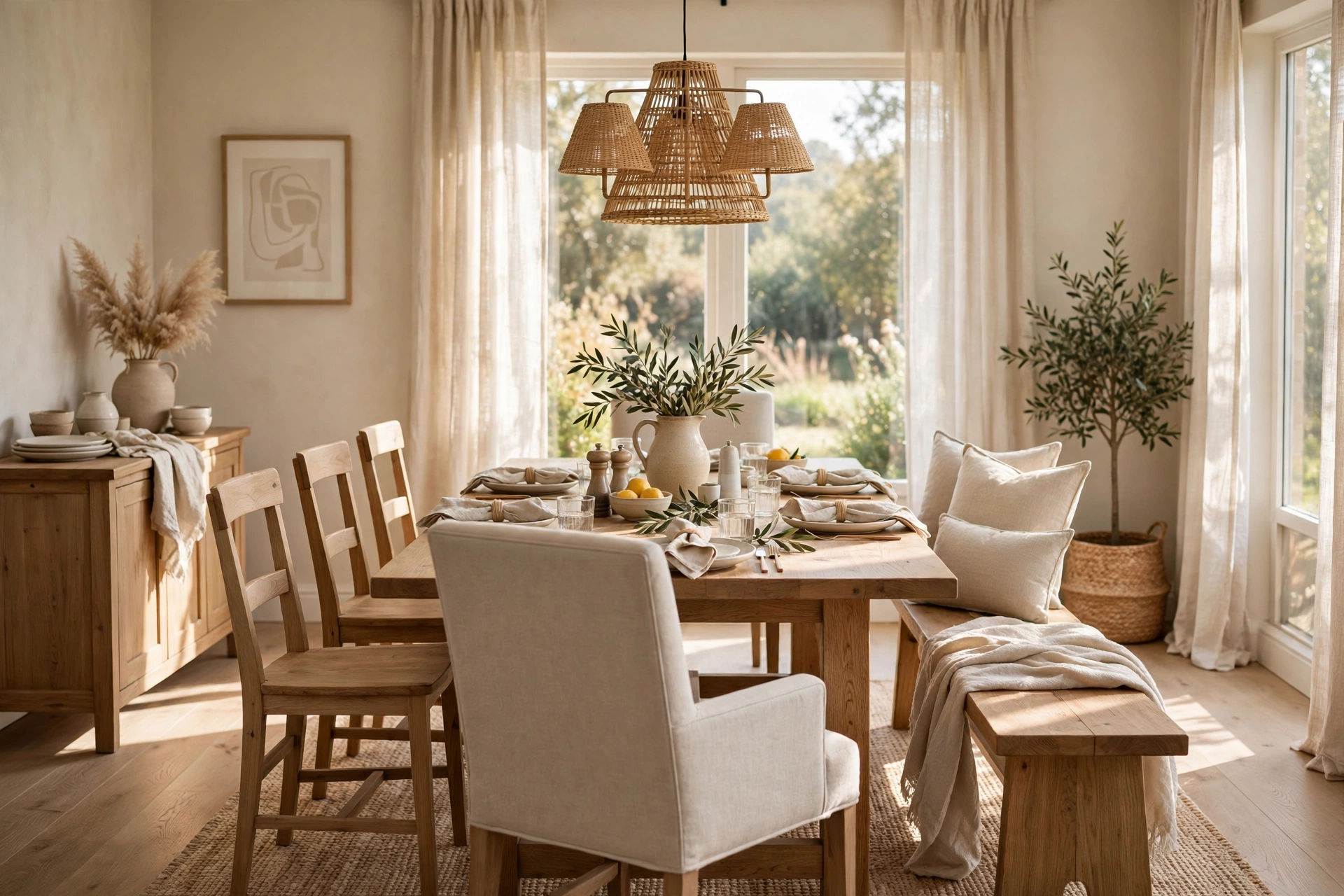 Dining room with mixed seating styles in neutral tones