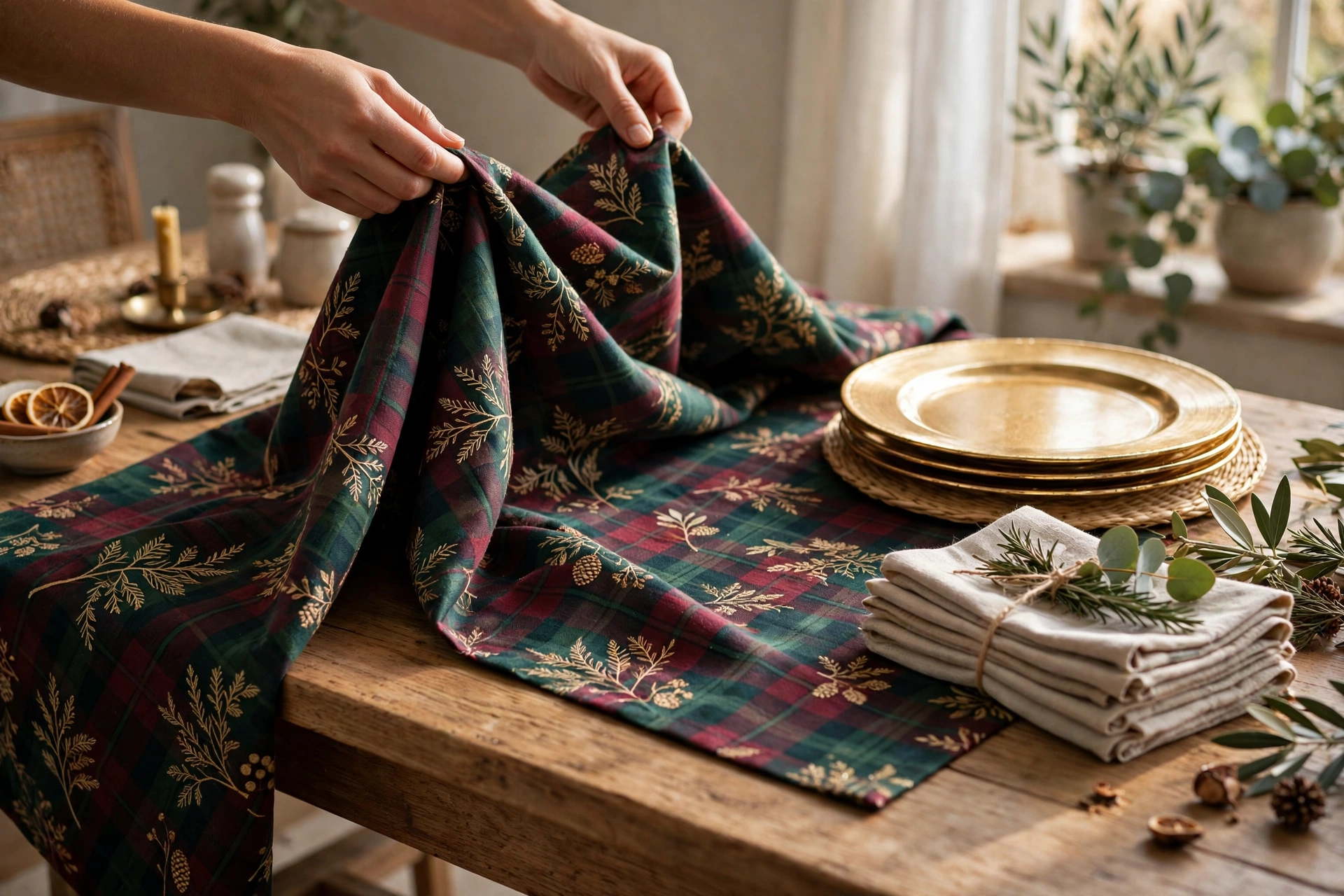 Transforming dining table for dinner party with tablecloth and chargers