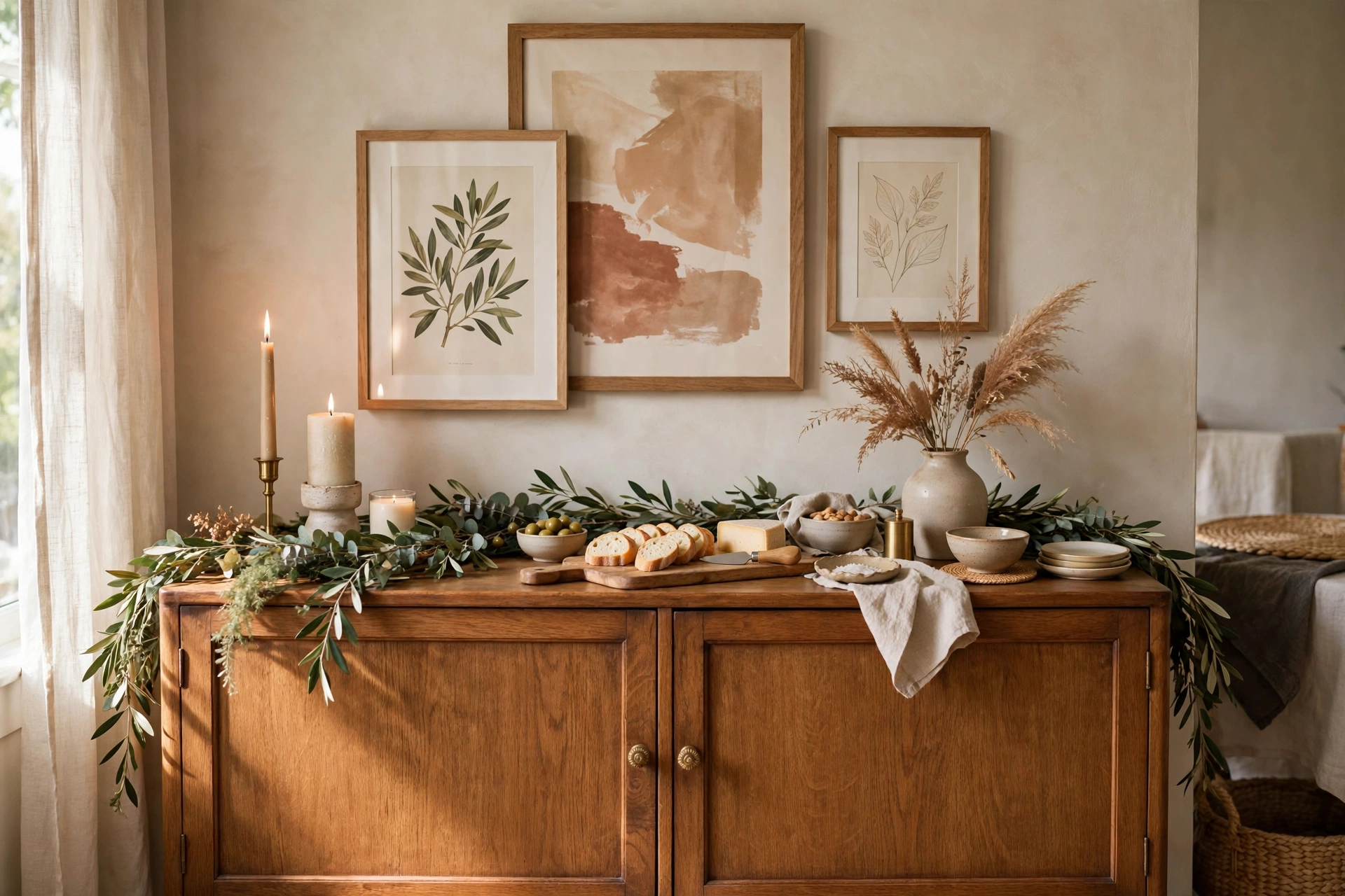 Styled dining room sideboard with layered decor