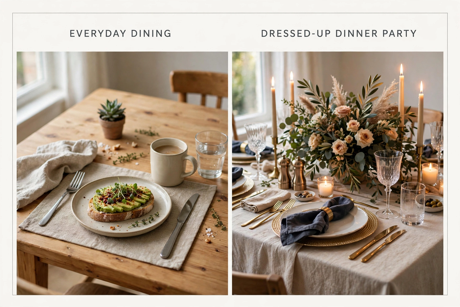 Dining table everyday setting versus dinner party transformation