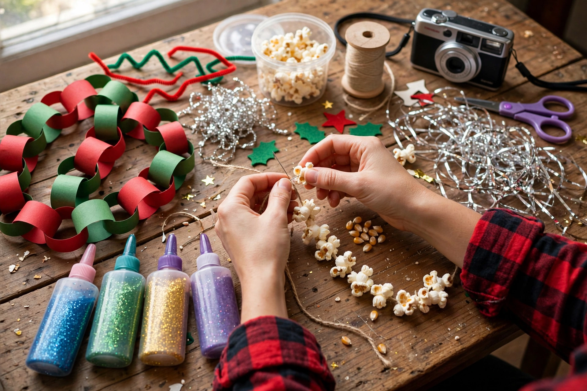 DIY 90s Christmas crafts including popcorn garland and paper chains