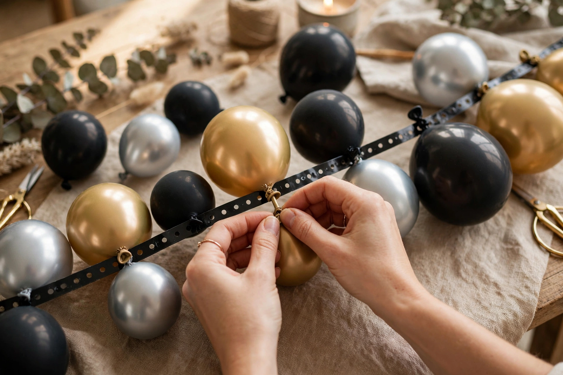 DIY NYE balloon garland assembly with black gold and silver balloons