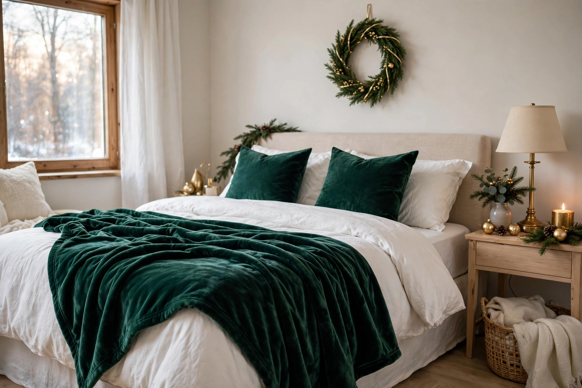 Emerald and gold Christmas bedroom with velvet throw