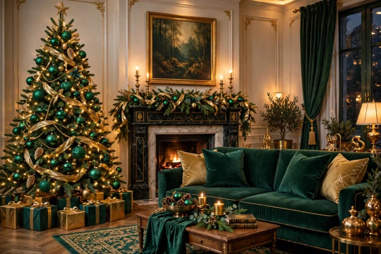 Emerald green and gold Christmas living room with luxe holiday styling