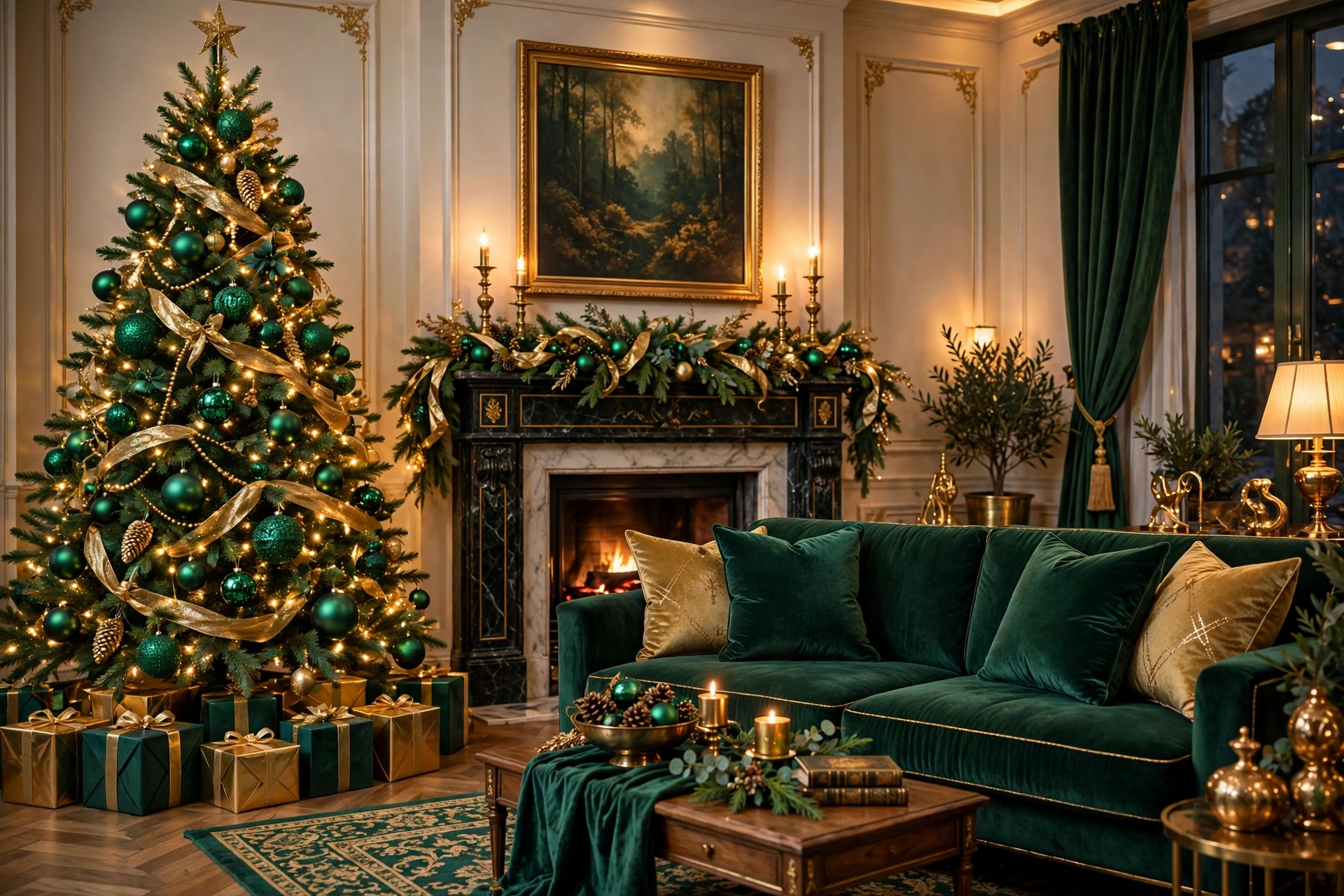 Emerald green and gold Christmas living room with luxe holiday styling