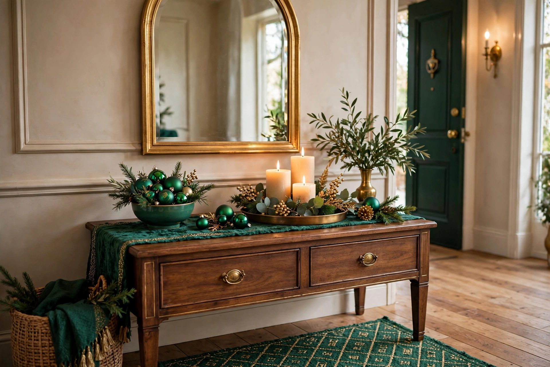 Entryway console with emerald and gold Christmas vignette